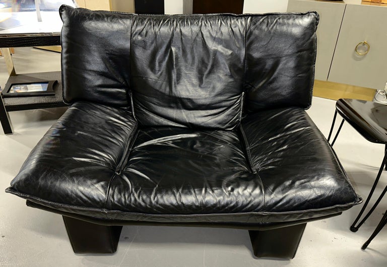 Nicoletti Salotti Black Leather Lounge Chair and Ottoman at
