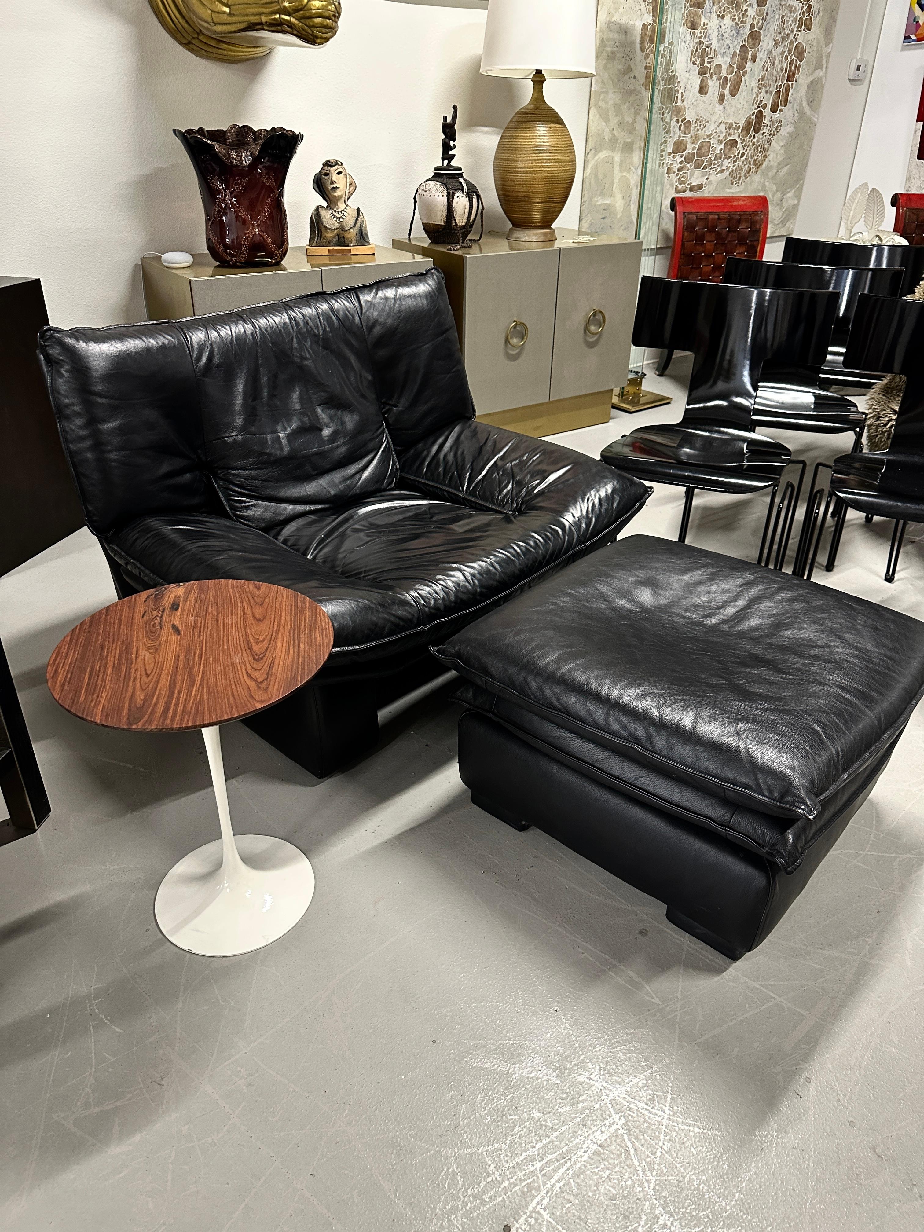 Hand-Crafted Nicoletti Salotti Black Leather Lounge Chair and Ottoman For Sale