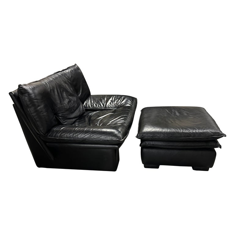 Nicoletti Salotti Black Leather Lounge Chair and Ottoman at