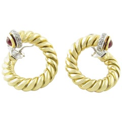 Vintage Nicolis Cola 18 Karat Yellow Gold Diamond Ruby Hoop Earrings