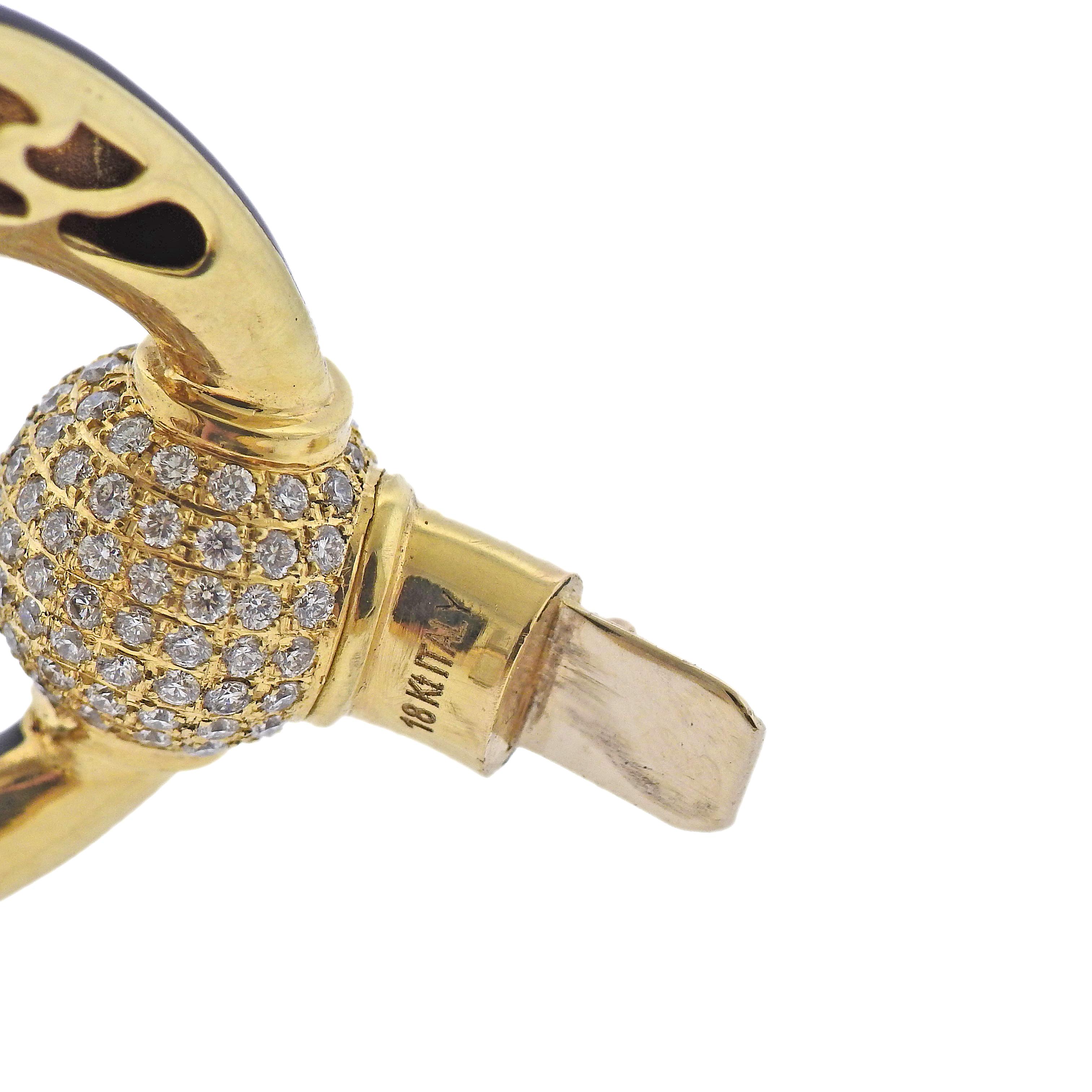 Round Cut Nicolis Cola Black Enamel Diamond Gold Bangle Bracelet For Sale