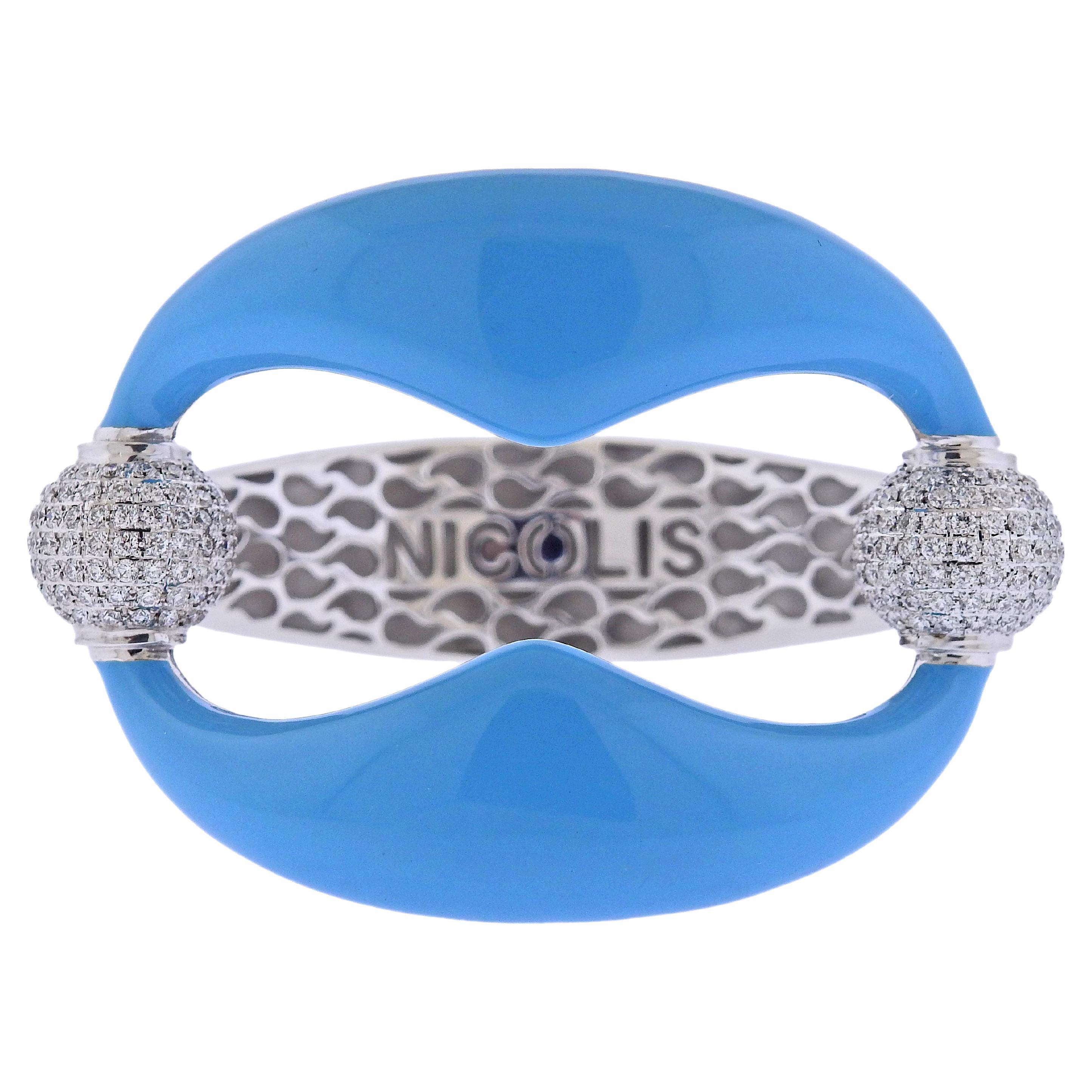 Nicolis Cola Blue Enamel Diamond Gold Bangle Bracelet