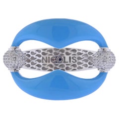 Nicolis Cola Blue Enamel Diamond Gold Bangle Bracelet