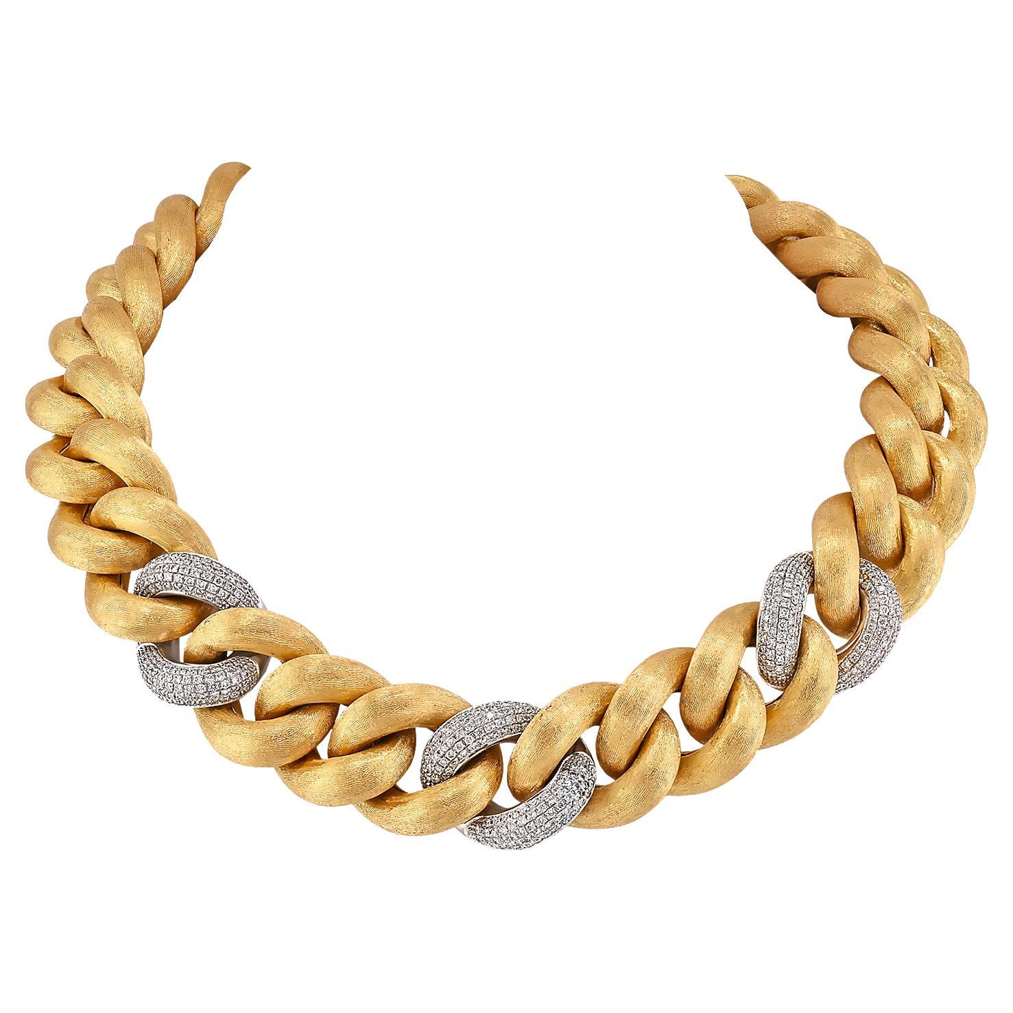 Nicolis Cola Diamond Brushed Gold Link Necklace For Sale