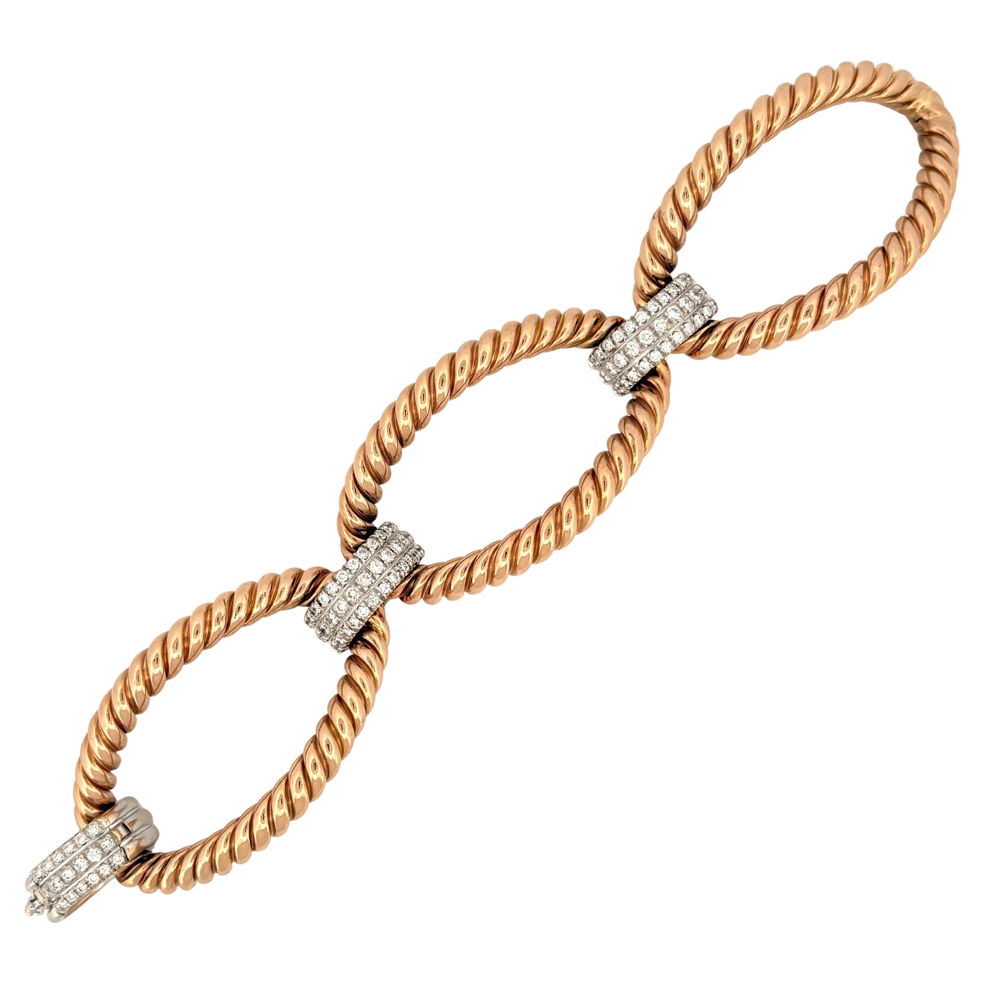 Nicolis Cola Large Oval Rope Link Diamond Bracelet 18k Rose Gold For Sale