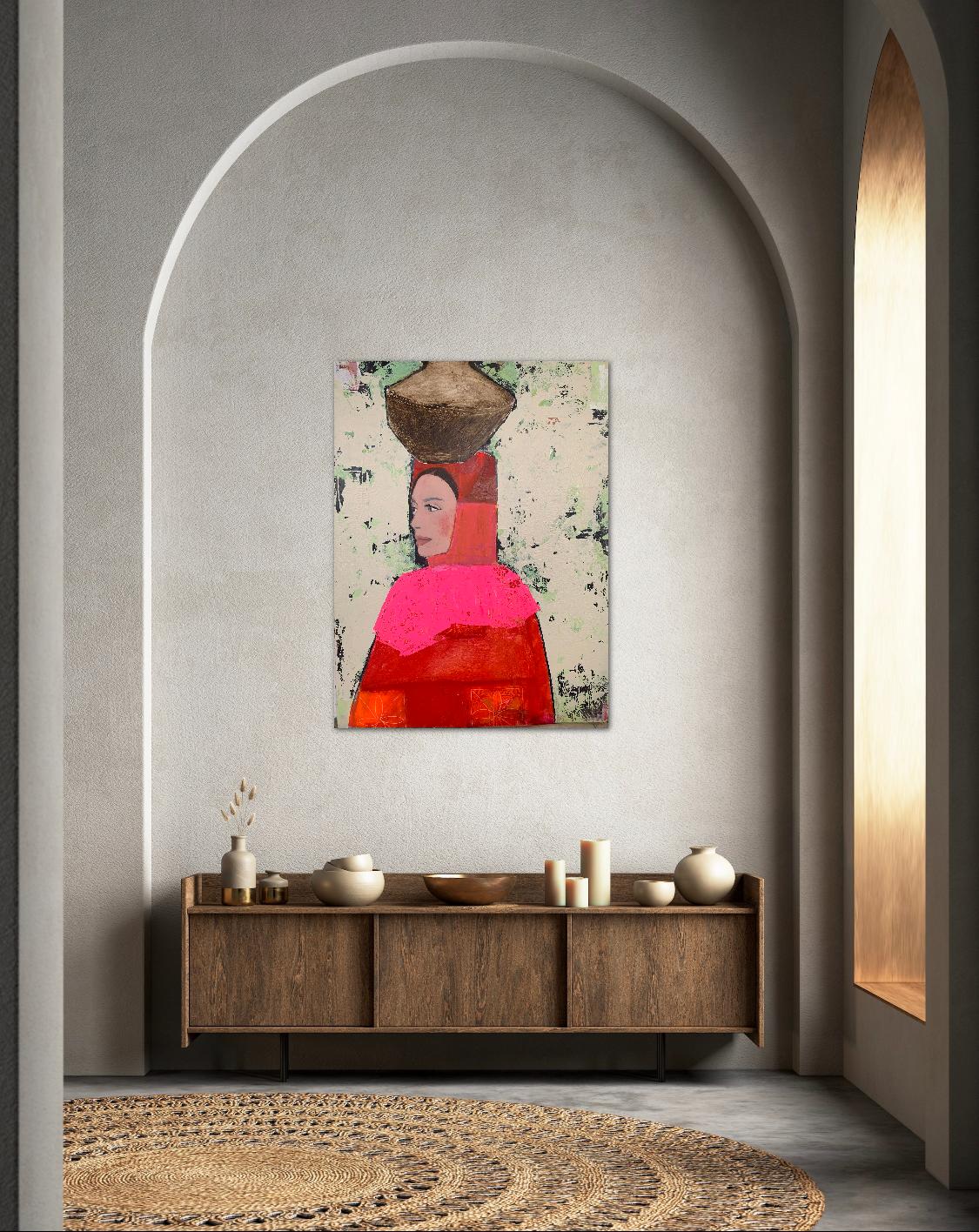 Porteuse de pot avec châle rose - Couleur vive Portrait, Femme, Texture, Visage - Painting de Nicolle Menegaldo