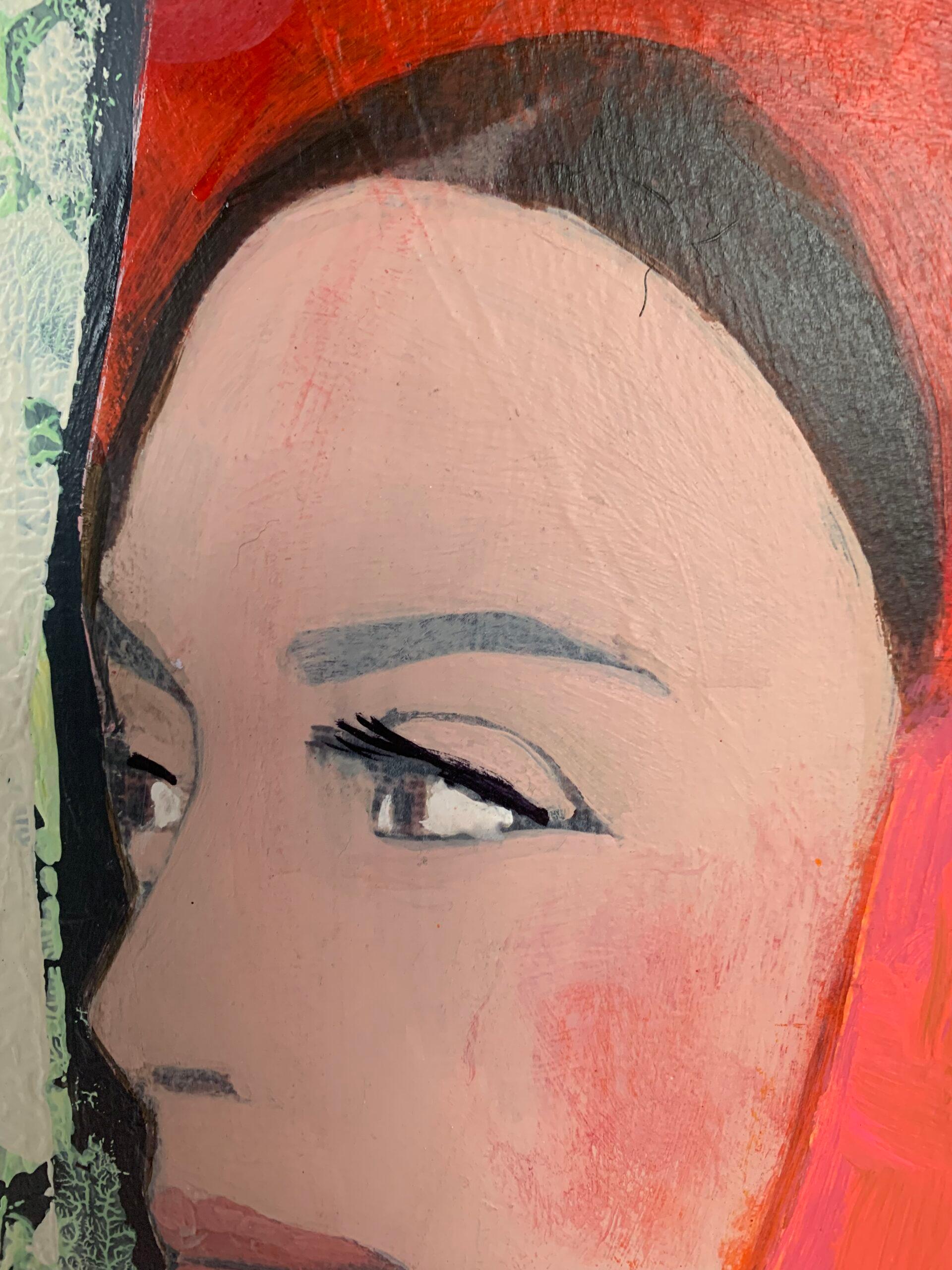 Porteuse de pot avec châle rose - Couleur vive Portrait, Femme, Texture, Visage - Contemporain Painting par Nicolle Menegaldo