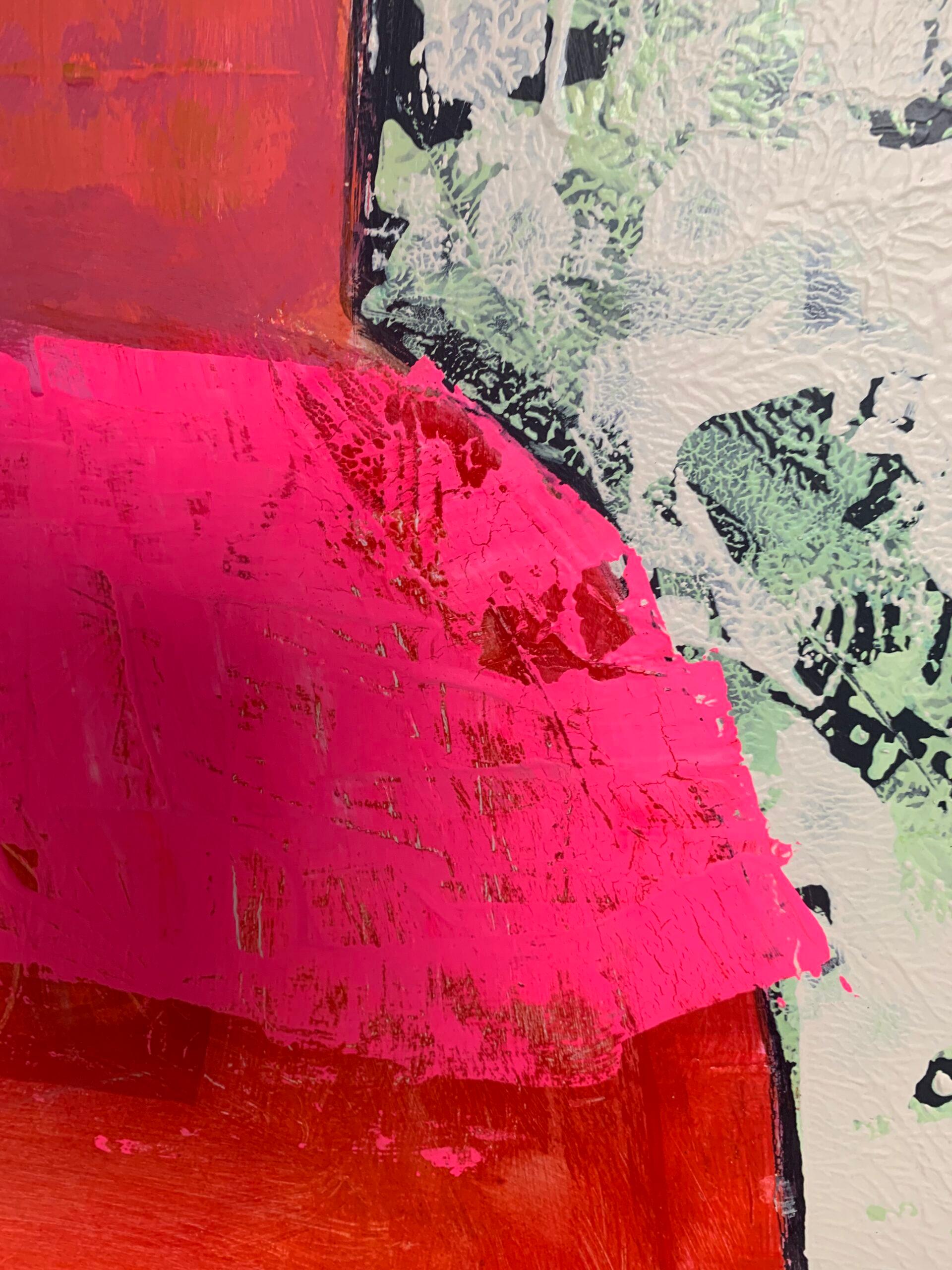 Pot Carrier with Pink Shawl - Bright Colour Portrait, Women, Texture, Face - Beige Portrait Painting by Nicolle Menegaldo