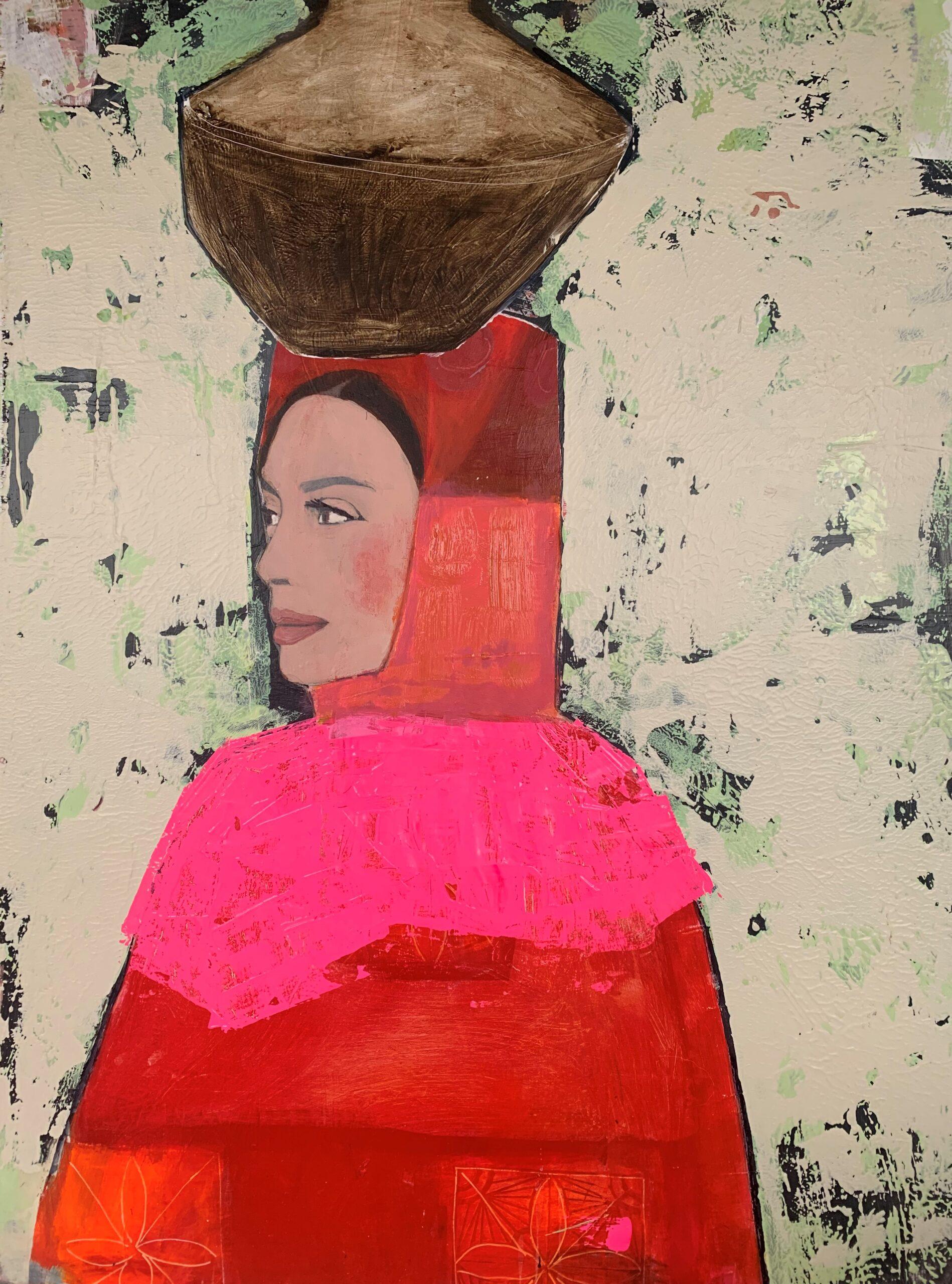 Portrait Painting Nicolle Menegaldo - Porteuse de pot avec châle rose - Couleur vive Portrait, Femme, Texture, Visage