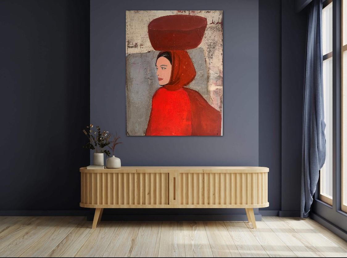 The Pot Carrier - Portrait aux couleurs vives, femmes, texture, visage - Painting de Nicolle Menegaldo