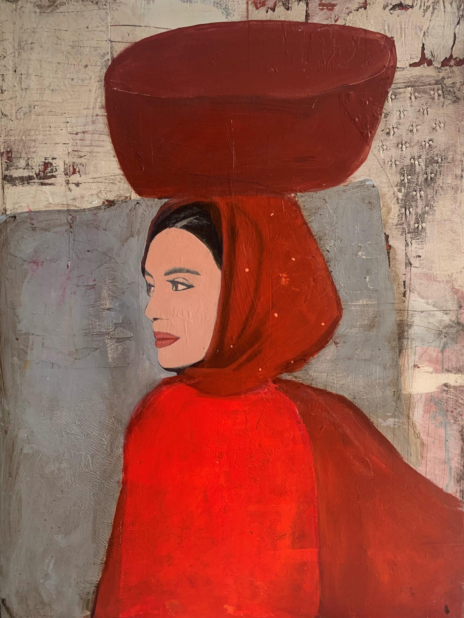 Nicolle Menegaldo Portrait Painting – The Pot Carrier - Helles Farbporträt, Frauen, Textur, Gesicht