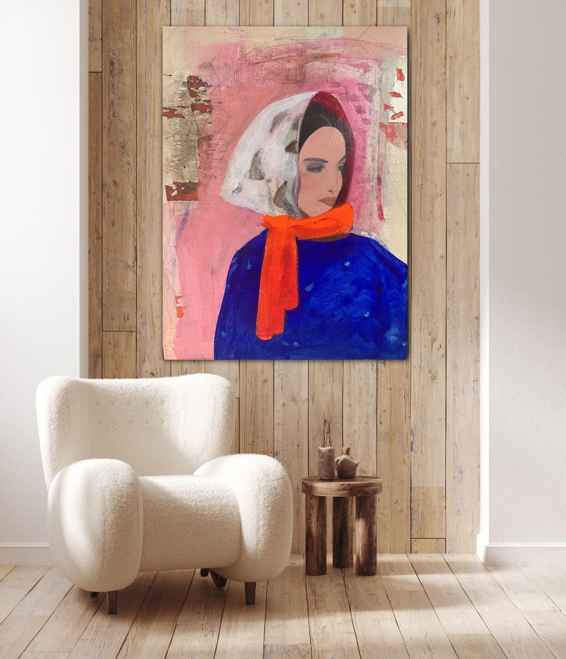 Frau in Blau mit Kopftuch - Helles Farbporträt, Frauen, Textur, Gesicht – Painting von Nicolle Menegaldo