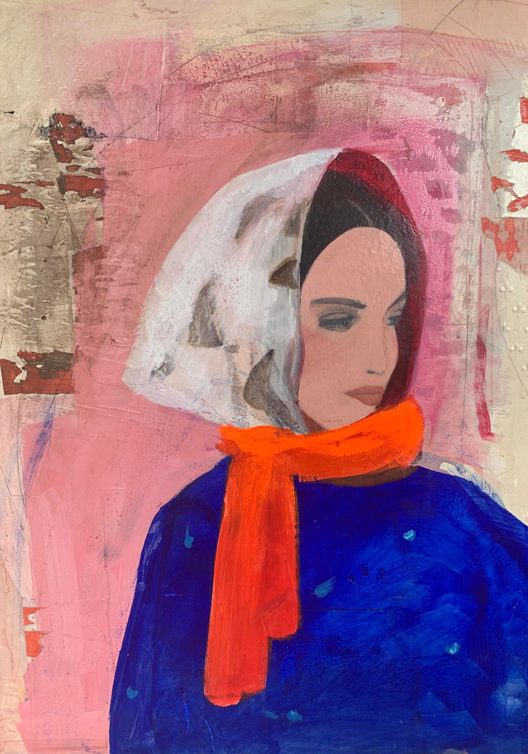 Figurative Painting Nicolle Menegaldo - Femme en bleu avec foulard - Couleur vive Portrait, Femmes, Texture, Visage