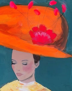 Frau mit orangefarbenem Hut und Blumen