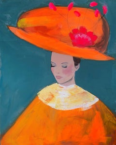 Frau mit orangefarbenem Hut und Blumen