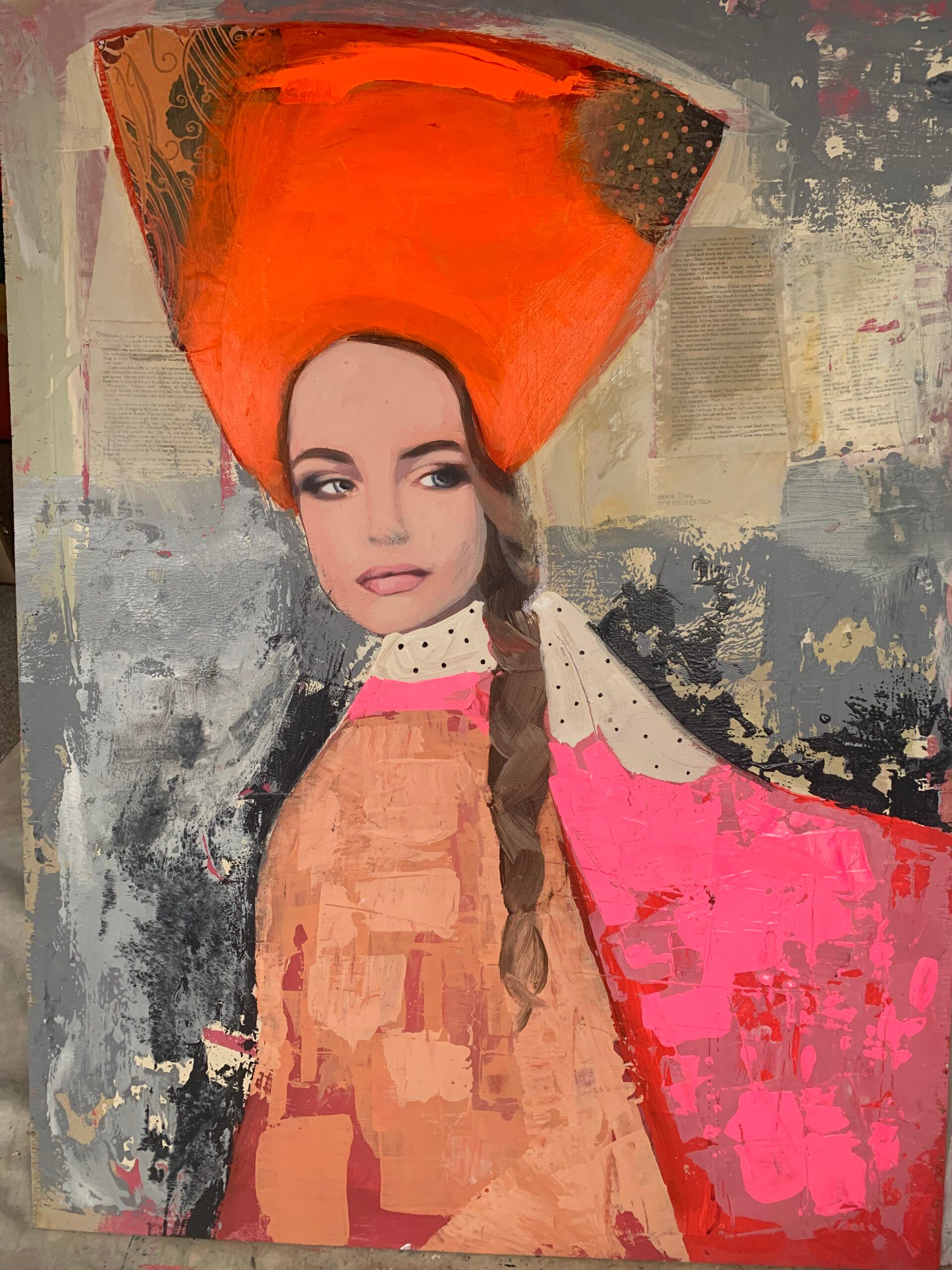 Nicolle Menegaldo Figurative Painting - Woman in Pink - Bright Colour Portrait, Women, Texture, Face