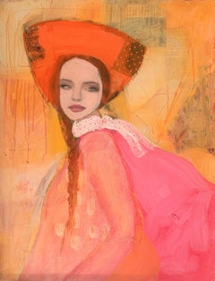Frau in Rosa mit orangefarbenem Hut