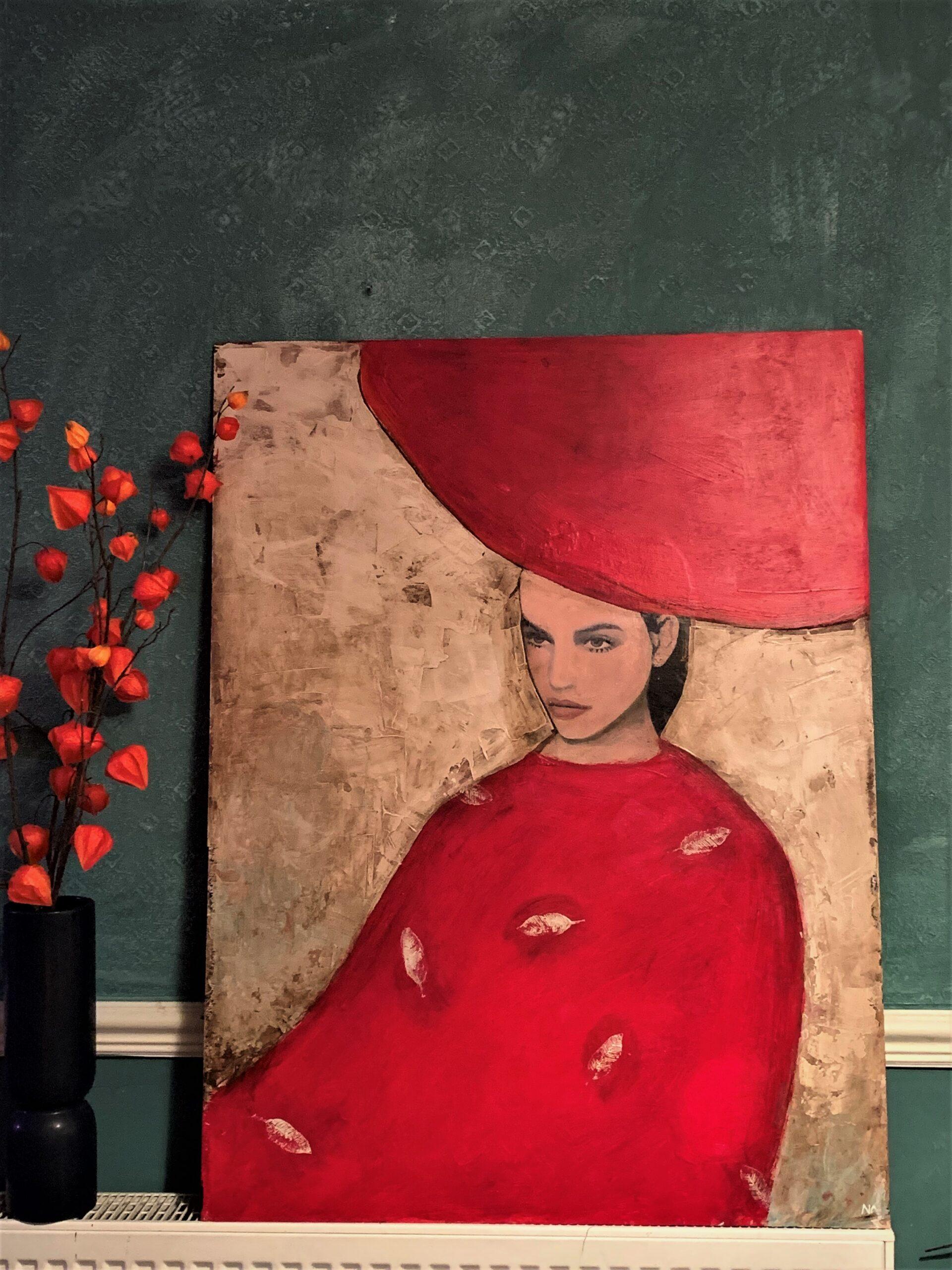 Femme en rouge - Portrait en couleurs vives, femmes, texture, visage - Painting de Nicolle Menegaldo