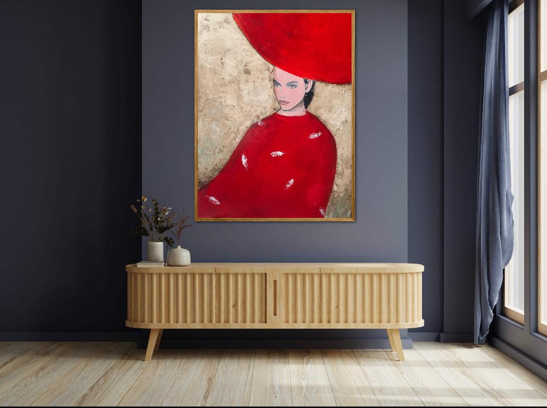 Frau in Rot - Helles Farbporträt, Frauen, Textur, Gesicht (Zeitgenössisch), Painting, von Nicolle Menegaldo