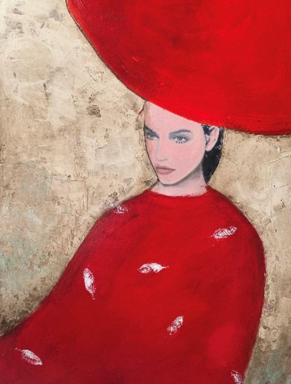 Nicolle Menegaldo Figurative Painting – Frau in Rot - Helles Farbporträt, Frauen, Textur, Gesicht