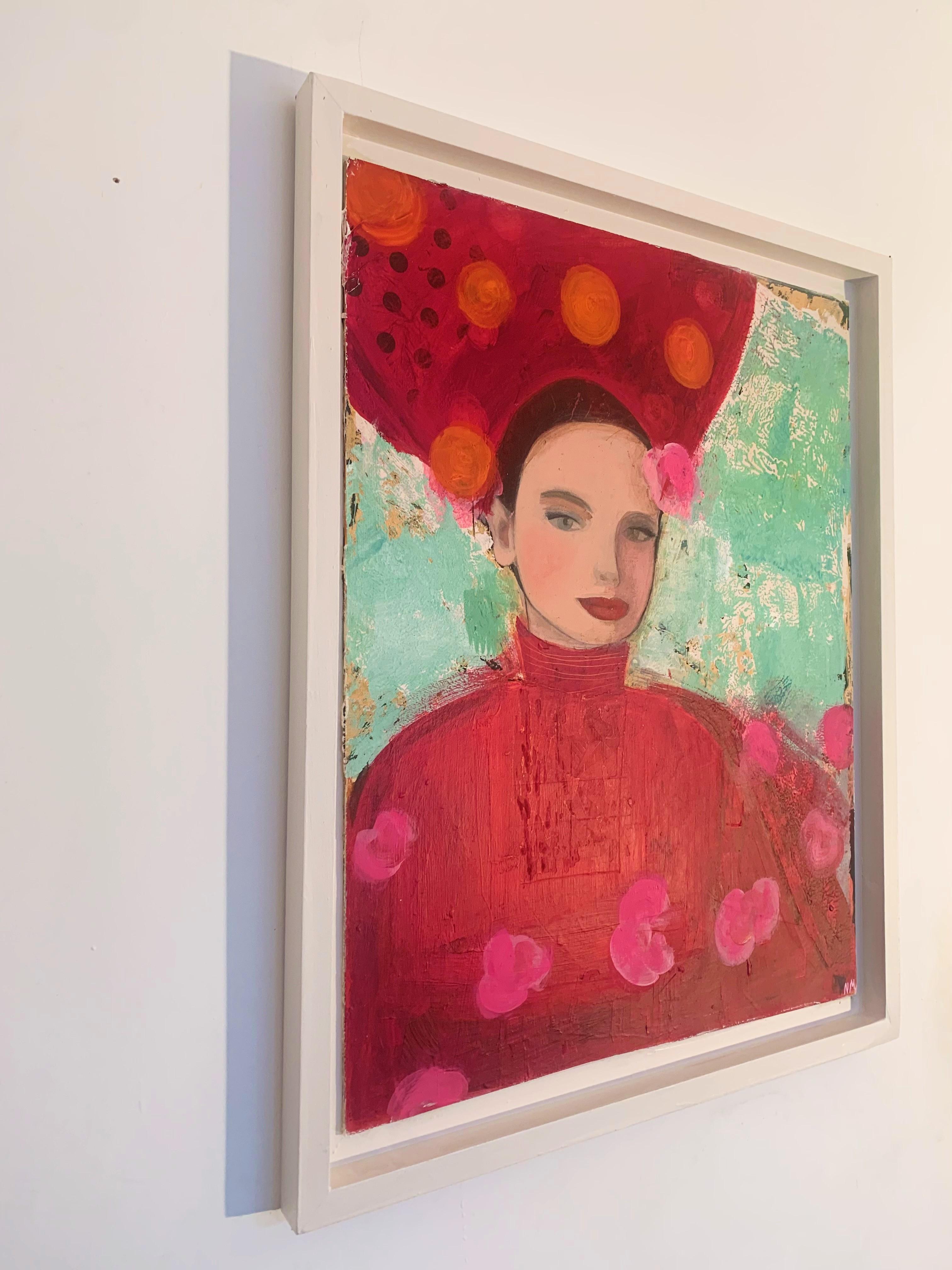 Lady in Red with Flowers - Contemporary Painting by Nicolle Menegaldo