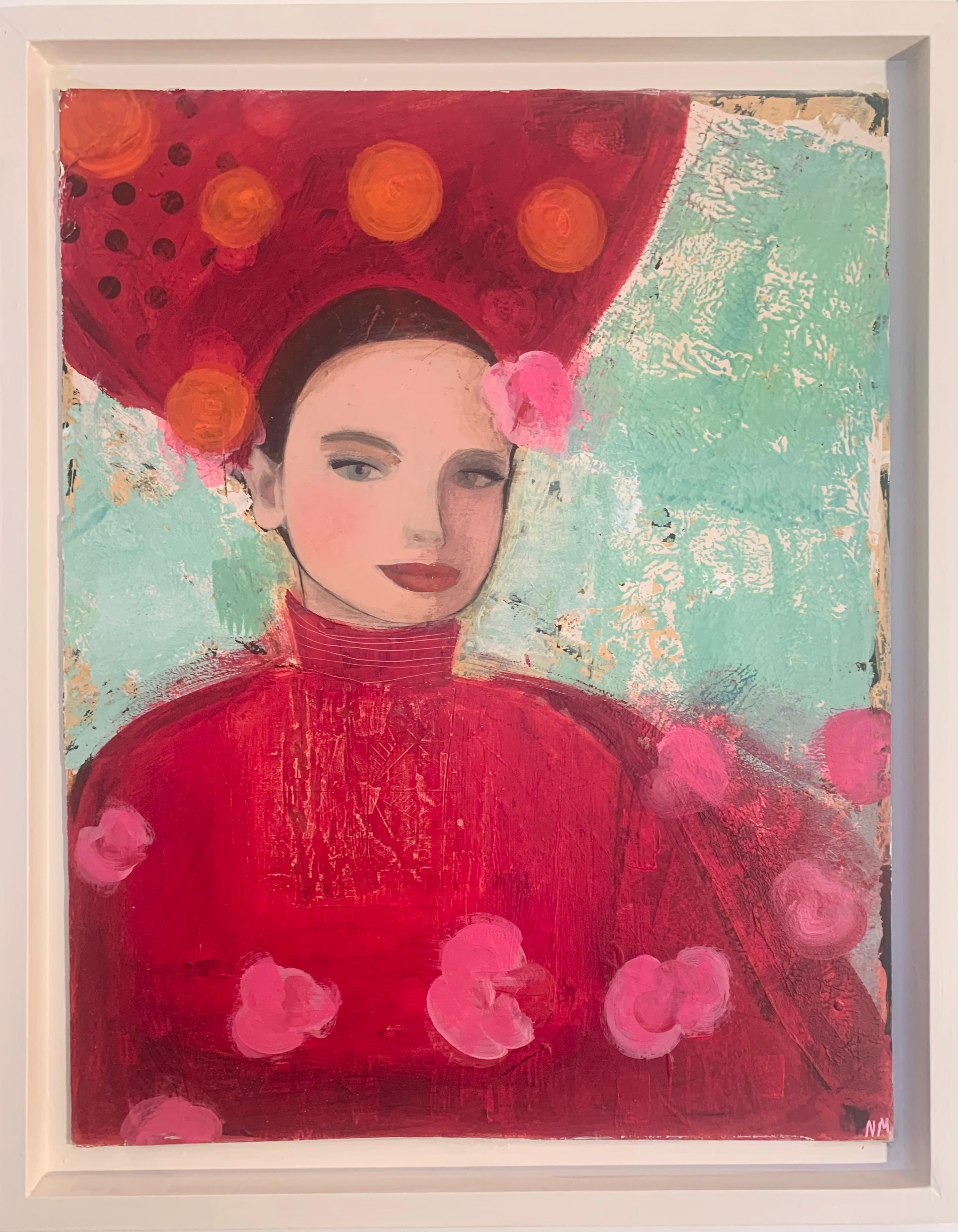 Lady in Red with Flowers For Sale 3