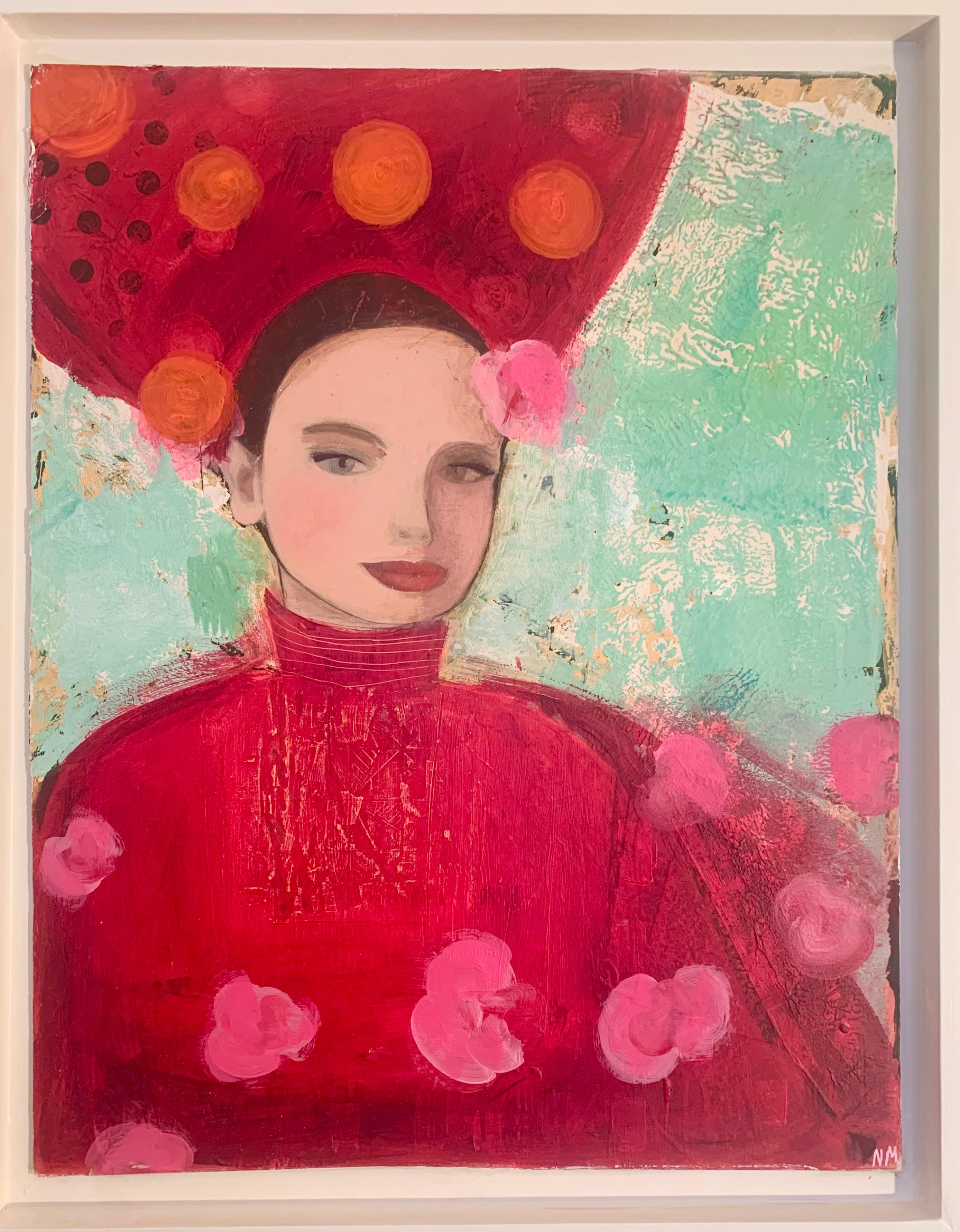 Nicolle Menegaldo Portrait Painting - Lady in Red with Flowers