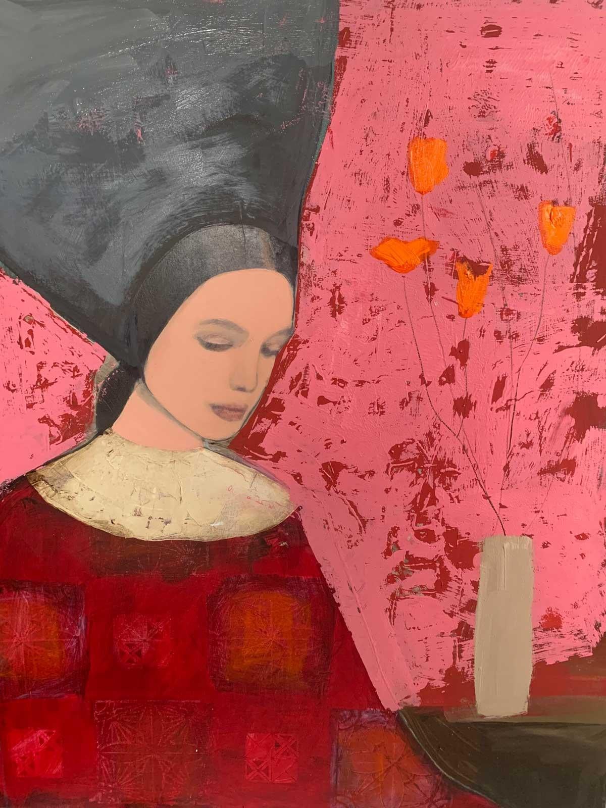 Portrait Painting Nicolle Menegaldo - Femme avec chapeau gris - Couleur vive Portrait, Femmes, Texture, Visage
