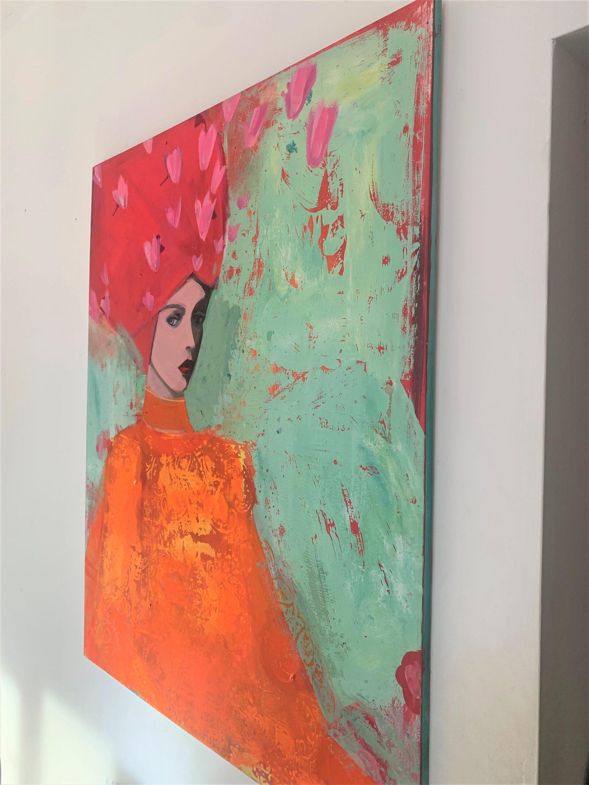 Woman with Hat Blossoms - Bright Colour Portrait, Women, Texture, Face - Contemporary Painting by Nicolle Menegaldo