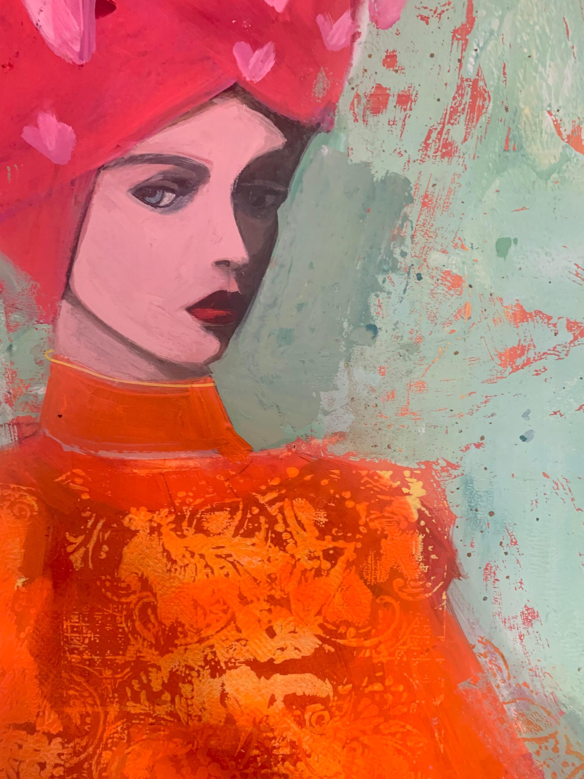 Woman with Hat Blossoms - Bright Colour Portrait, Women, Texture, Face For Sale 1