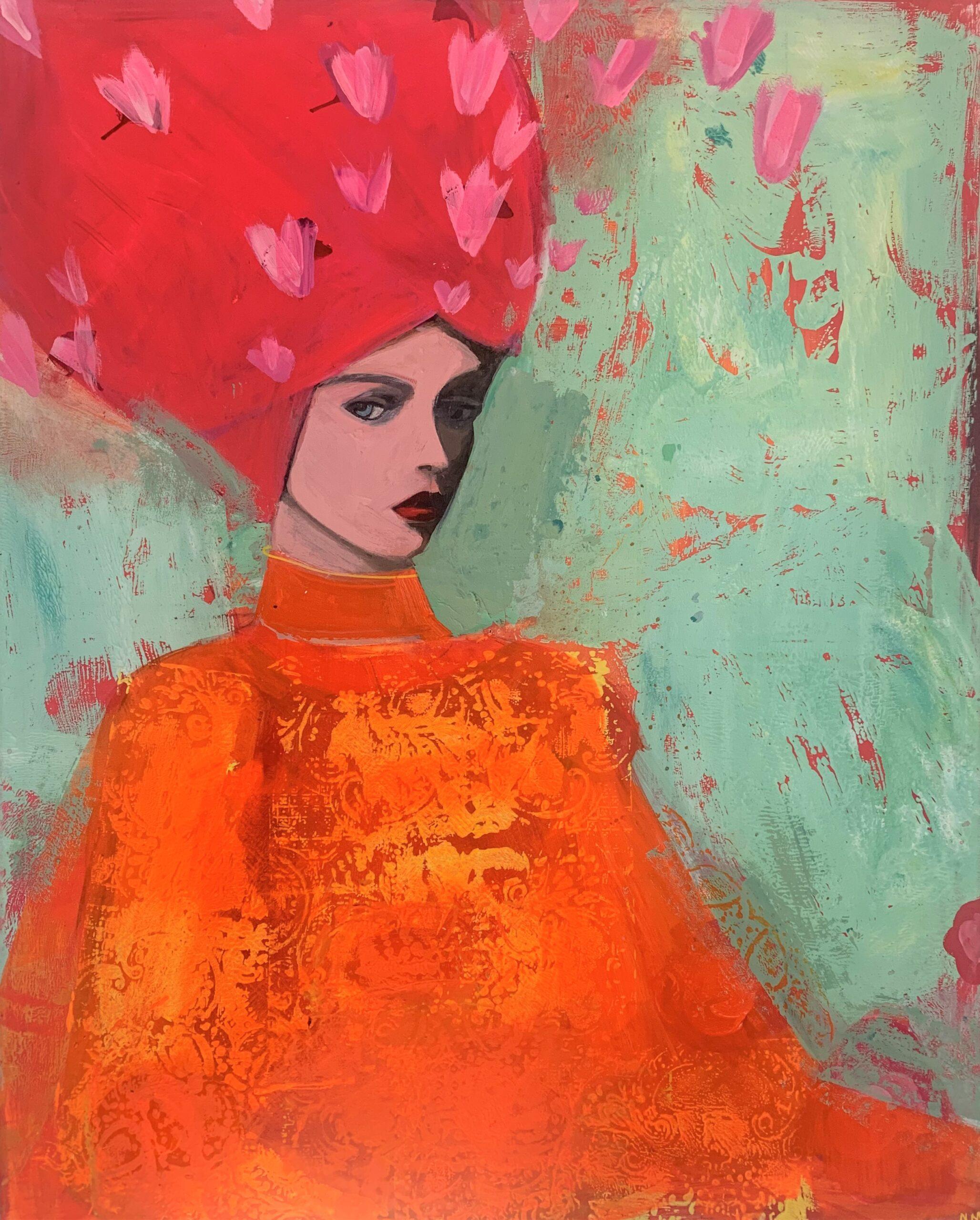 Nicolle Menegaldo Figurative Painting - Woman with Hat Blossoms - Bright Colour Portrait, Women, Texture, Face