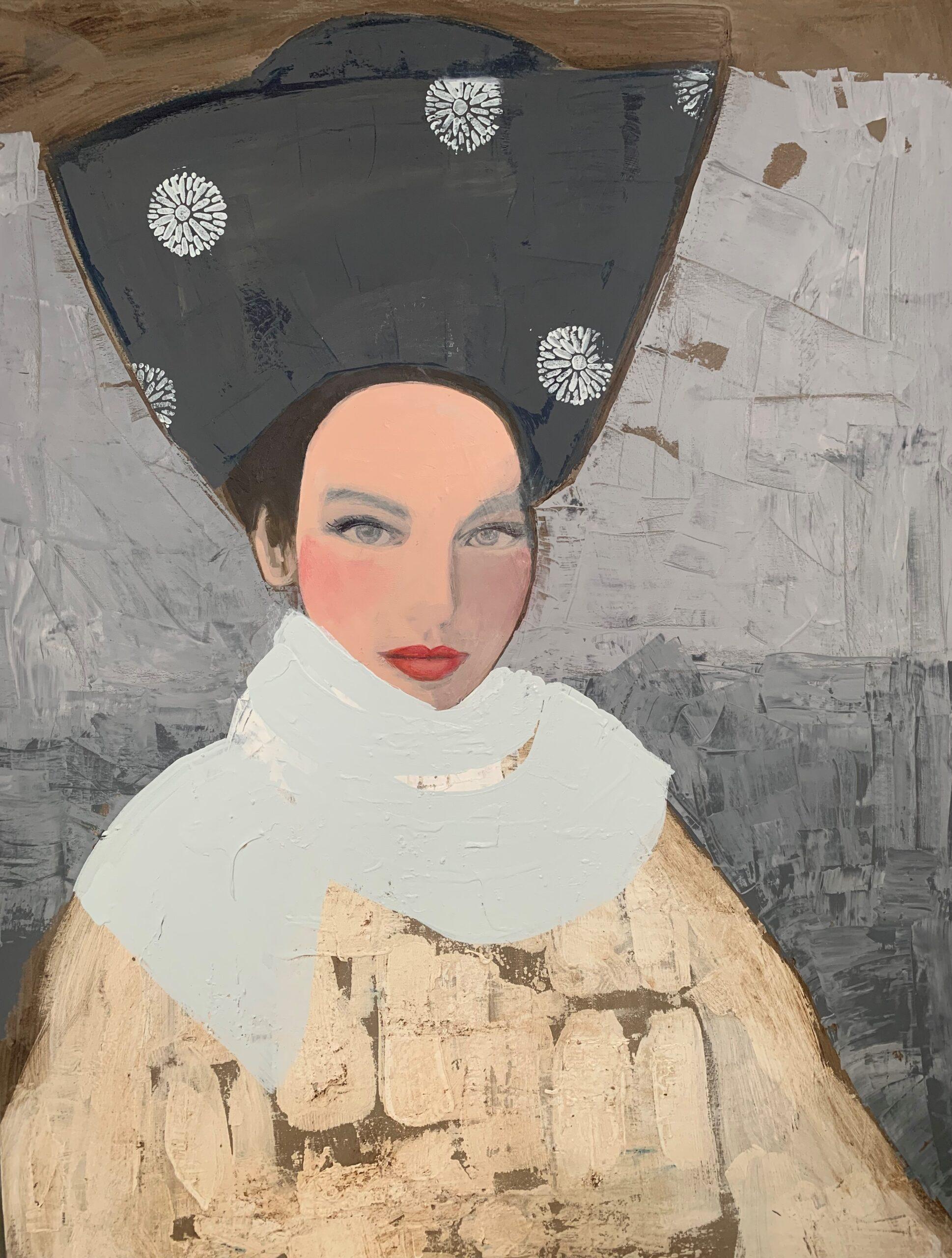 Nicolle Menegaldo Portrait Painting - Woman with Pale Blue Shawl - Bright Colour Portrait, Women, Texture, Face