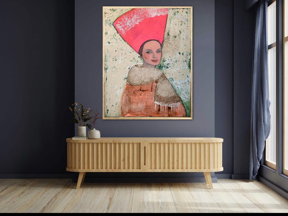 Frau mit rosa Kopfschmuck - helles Farbporträt, Frauen, Textur, Gesicht – Painting von Nicolle Menegaldo