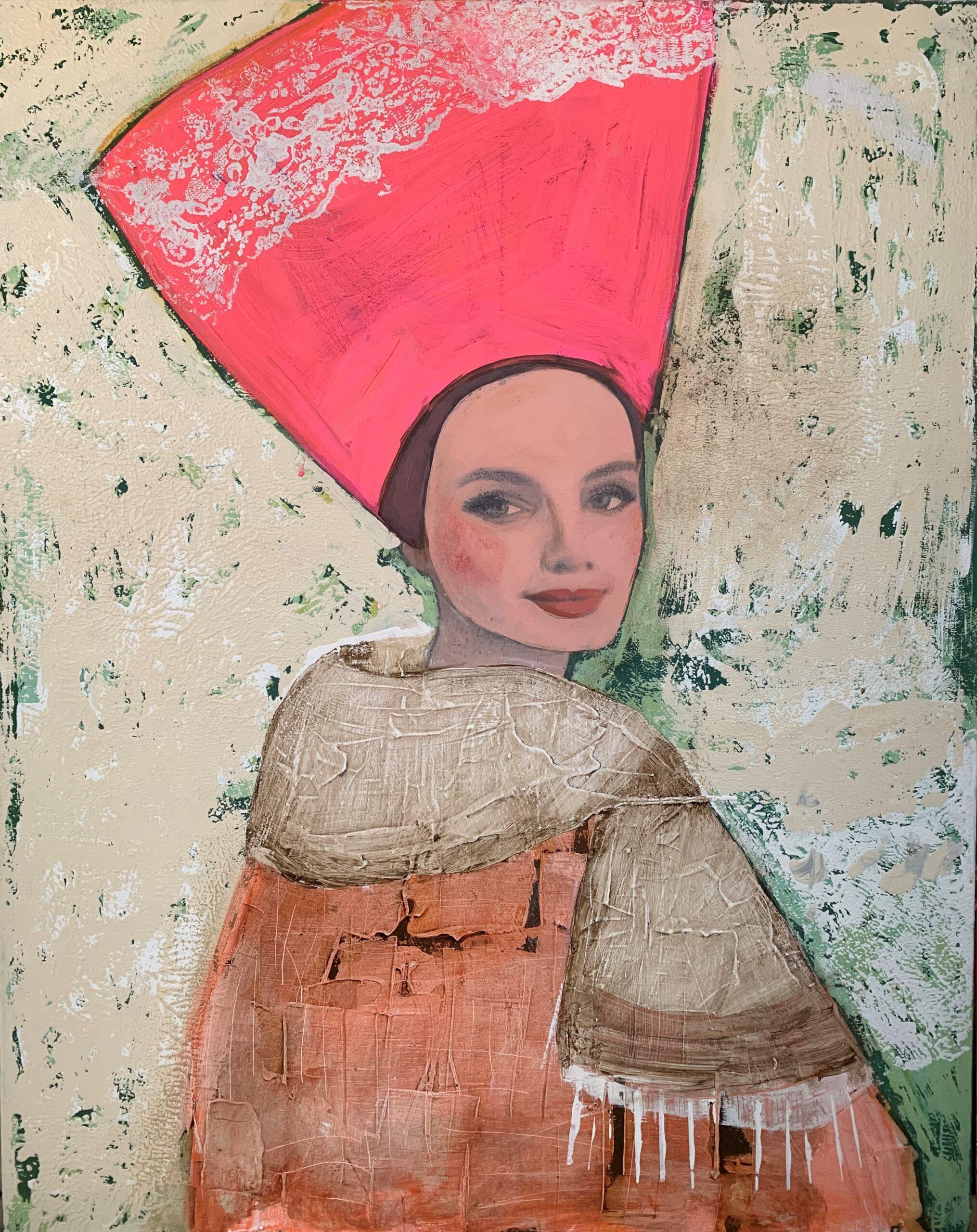 Nicolle Menegaldo Portrait Painting – Frau mit rosa Kopfschmuck - helles Farbporträt, Frauen, Textur, Gesicht