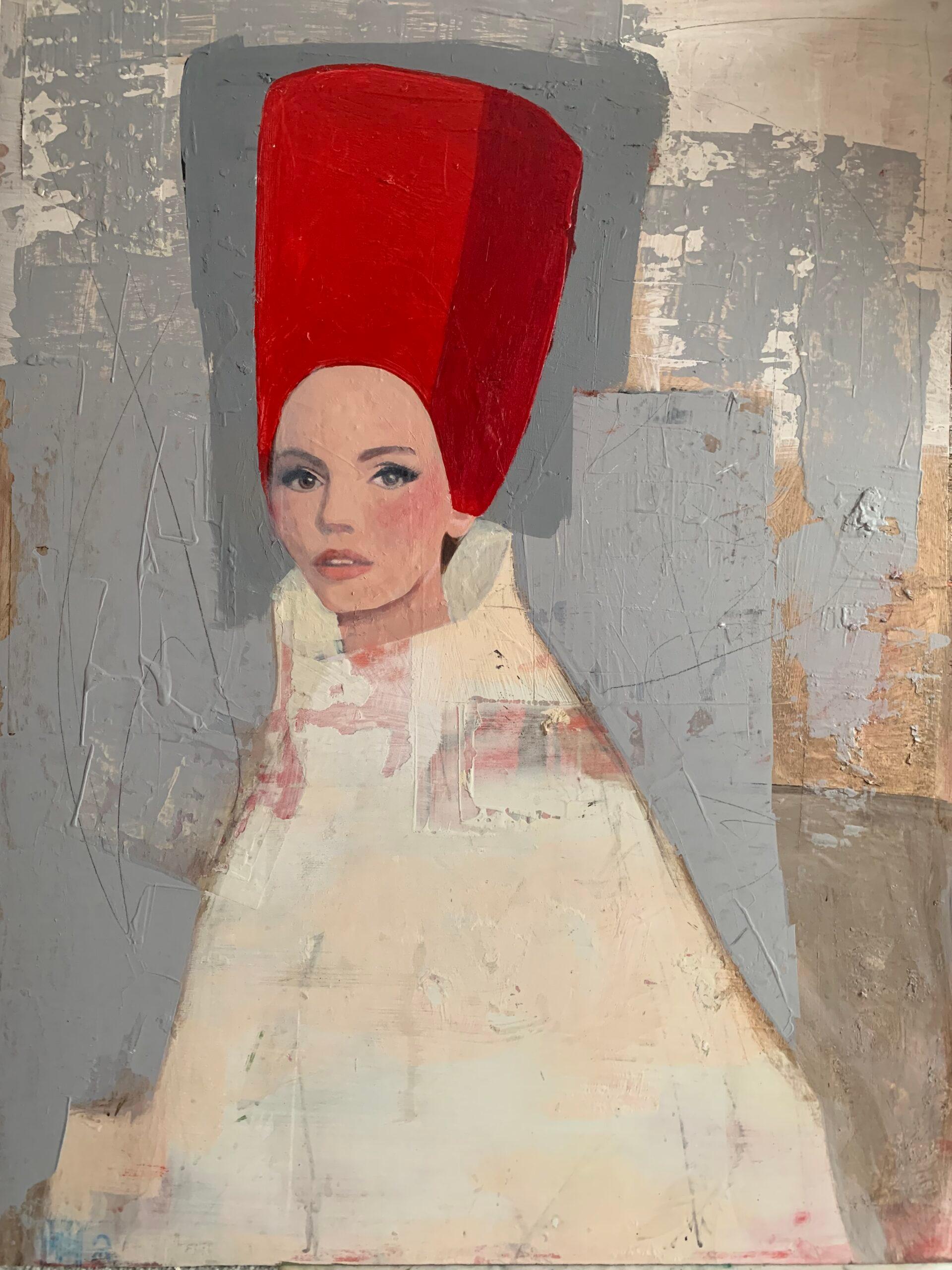 Nicolle Menegaldo Portrait Painting - Woman with Red Headdress - Bright Colour Portrait, Women, Texture, Face