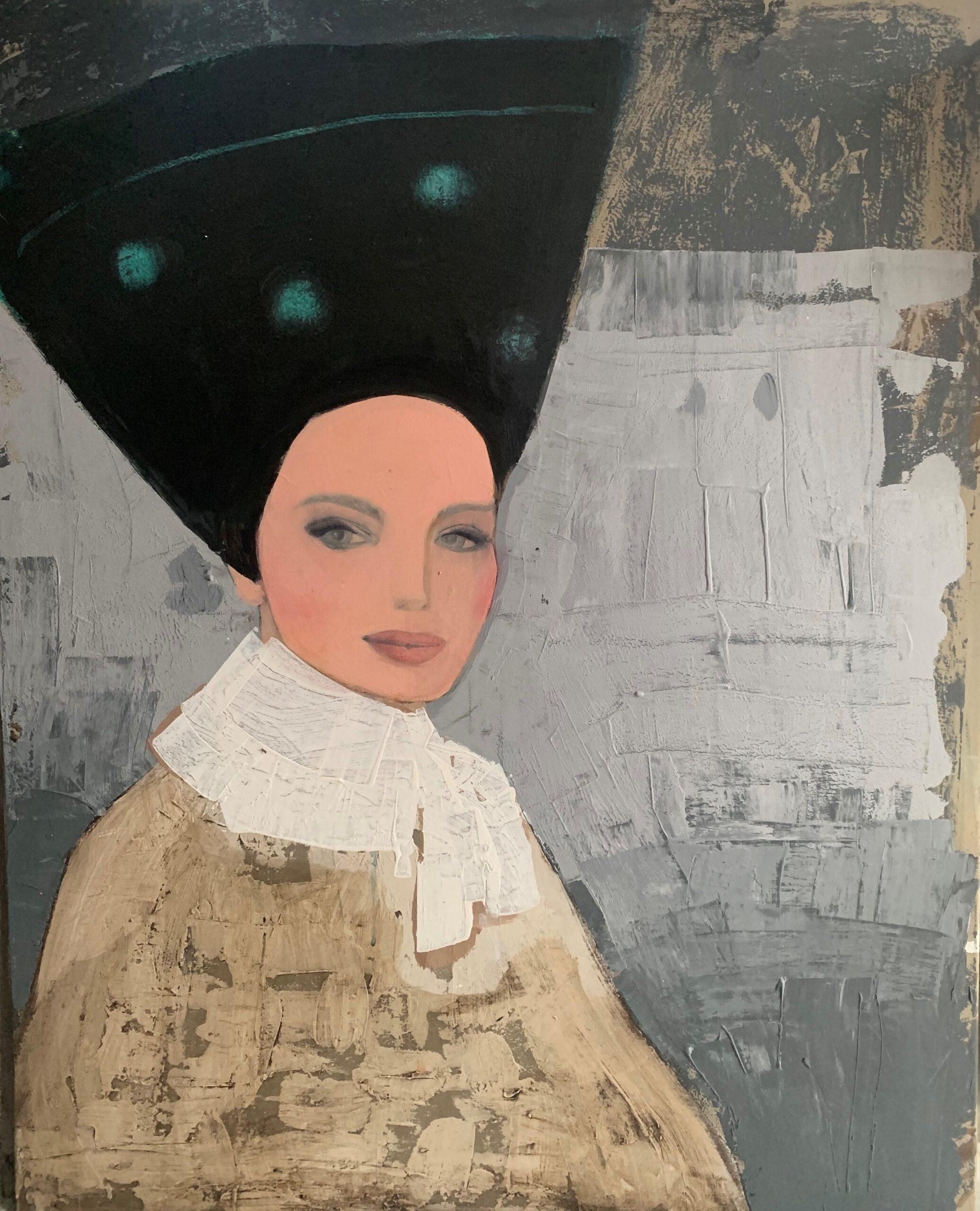 Nicolle Menegaldo Portrait Painting - Woman with White Scarf - Bright Colour Portrait, Women, Texture, Face