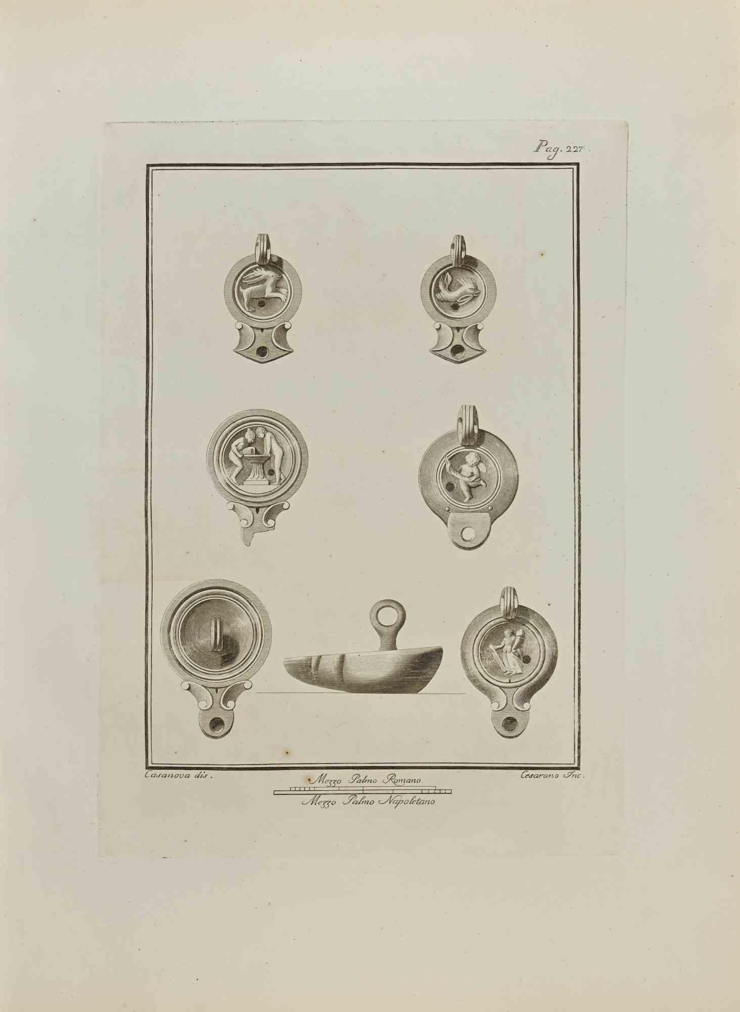 Nature morte tirée des "Antiquités d'Herculanum" est une gravure sur papier réalisée par Nicolo Cesarano au 18e siècle.

Signé sur la plaque.

Bon état avec quelques pliages et des rousseurs.

La gravure appartient à la suite d'estampes "Antiquités