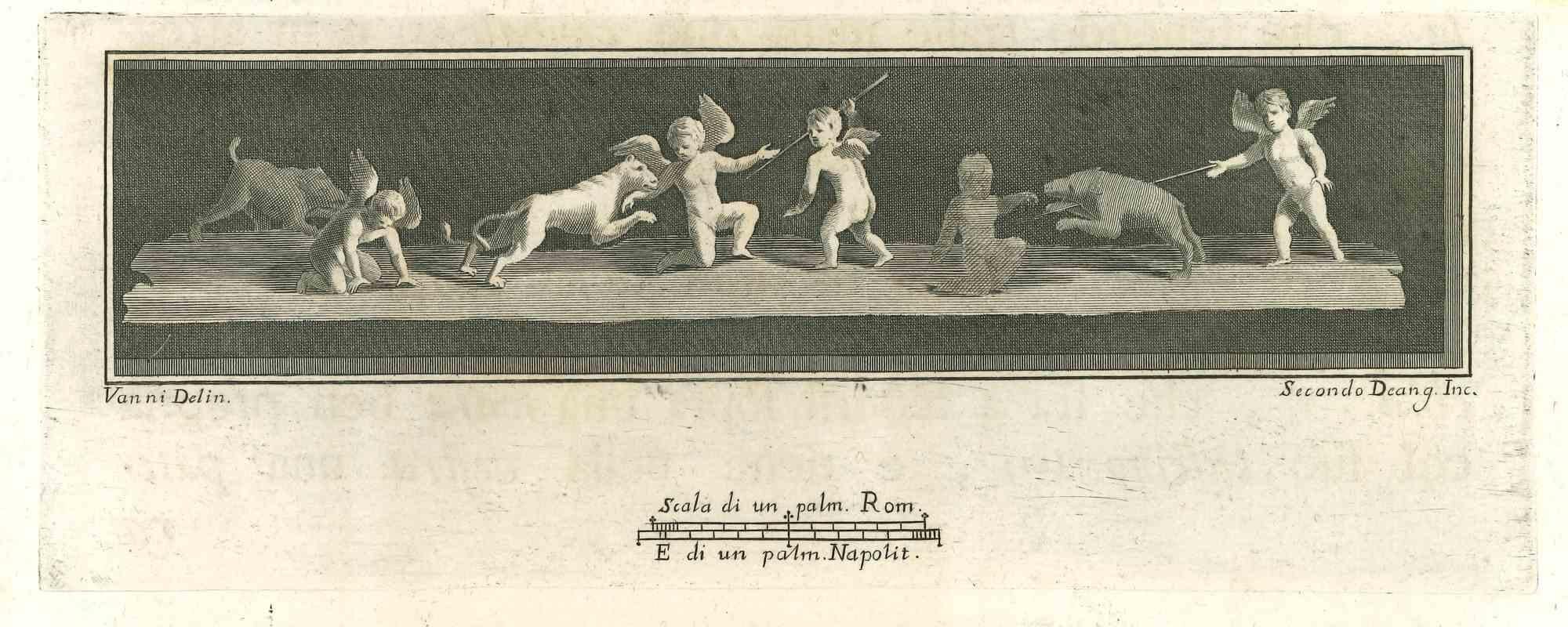 Ancient Roman Frescoes, from the series "Antiquities of Herculaneum", is an original etching on paper realized from a design by Nicolò Vanni in the 18th century.

Signed on the plate.

Good conditions.

The etching belongs to the print suite
