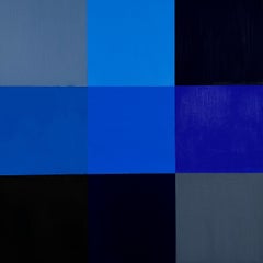 Ohne Titel – abstraktes Ölgemälde, Quadrate, Blau und Schwarz