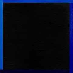 Ohne Titel – abstraktes Ölgemälde, Quadrate, Blau und Schwarz