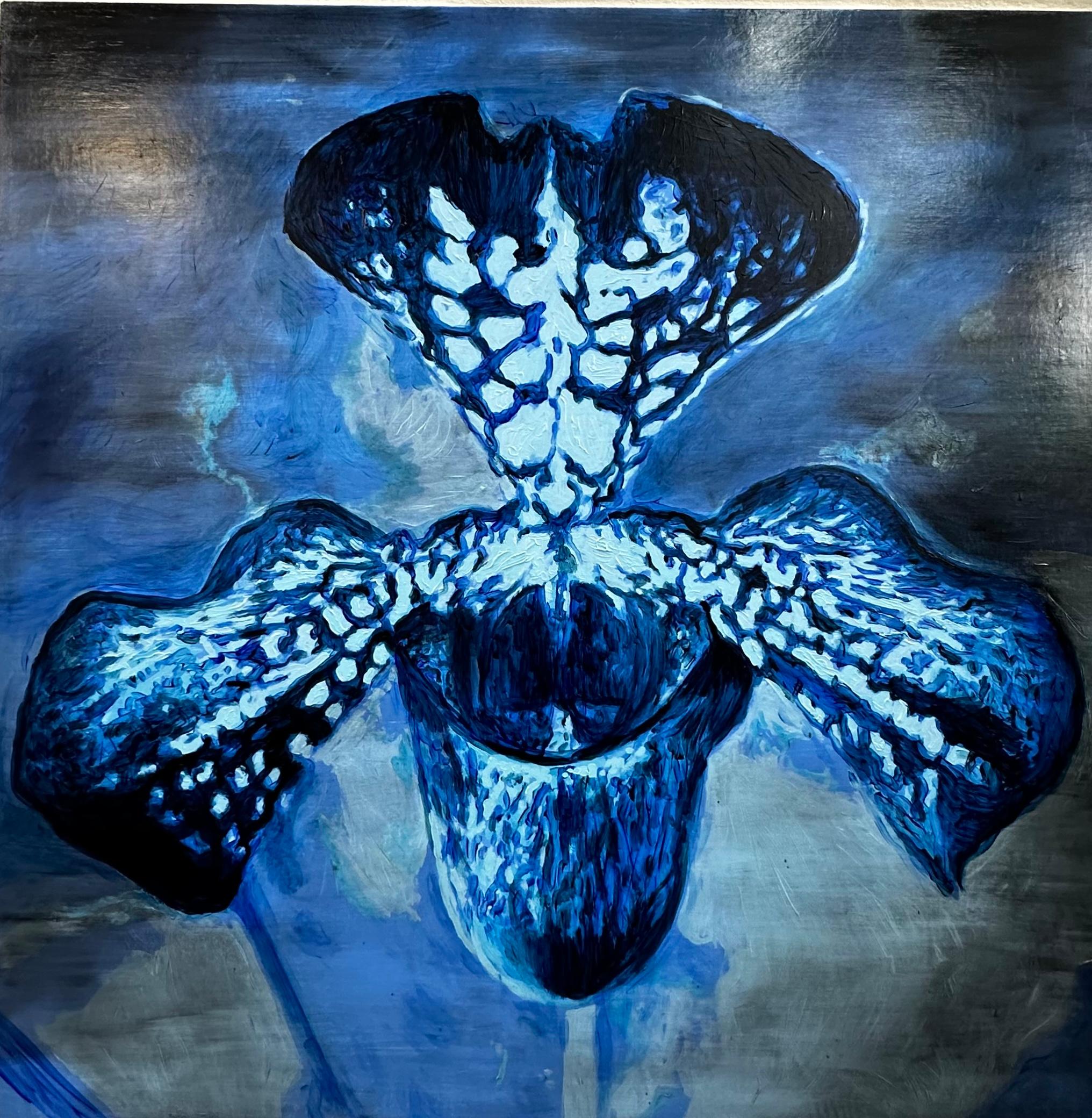 Untitled - Orquid, nature, figurative oil painting, film negatives, blue & black