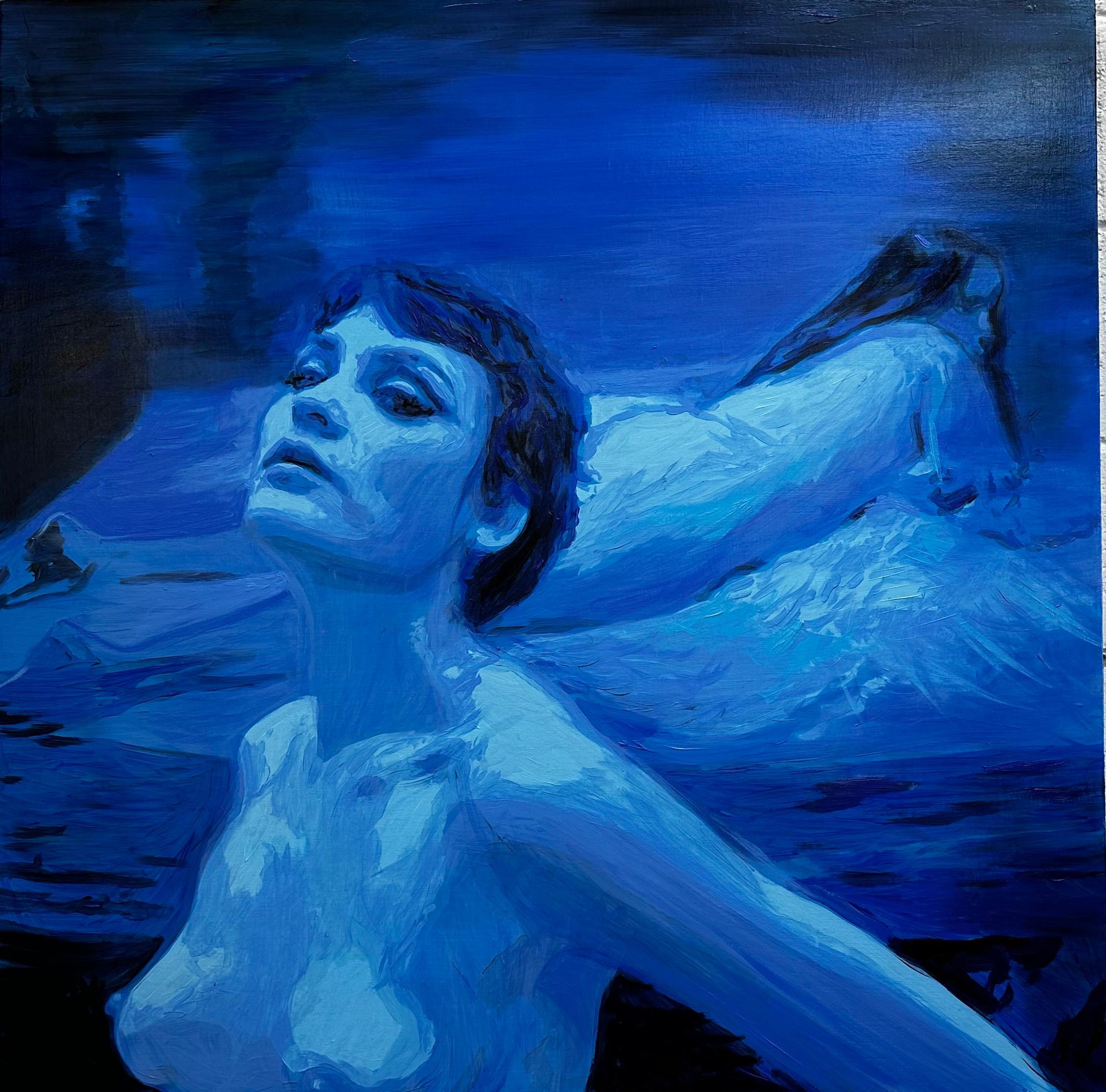 Nicolás Guzmán Portrait Painting - Untitled - Woman, nude portrait, figurative oil painting, blue & black
