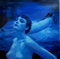 Untitled - Woman, nude portrait, figurative oil painting, blue & black