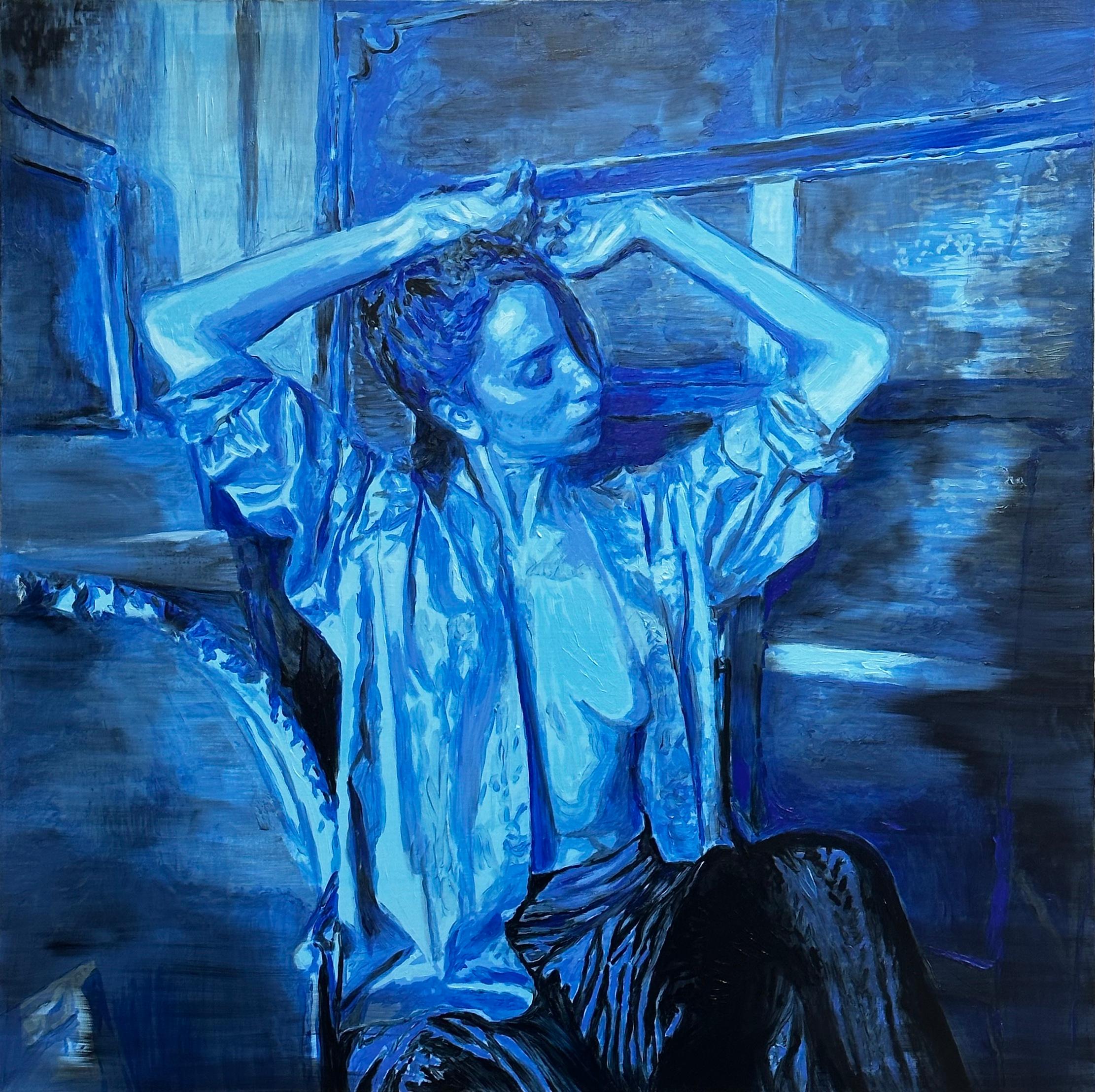 Figurative Painting Nicolás Guzmán - Sans titre - Femme, portrait nu, peinture à l'huile figurative, bleu et noir