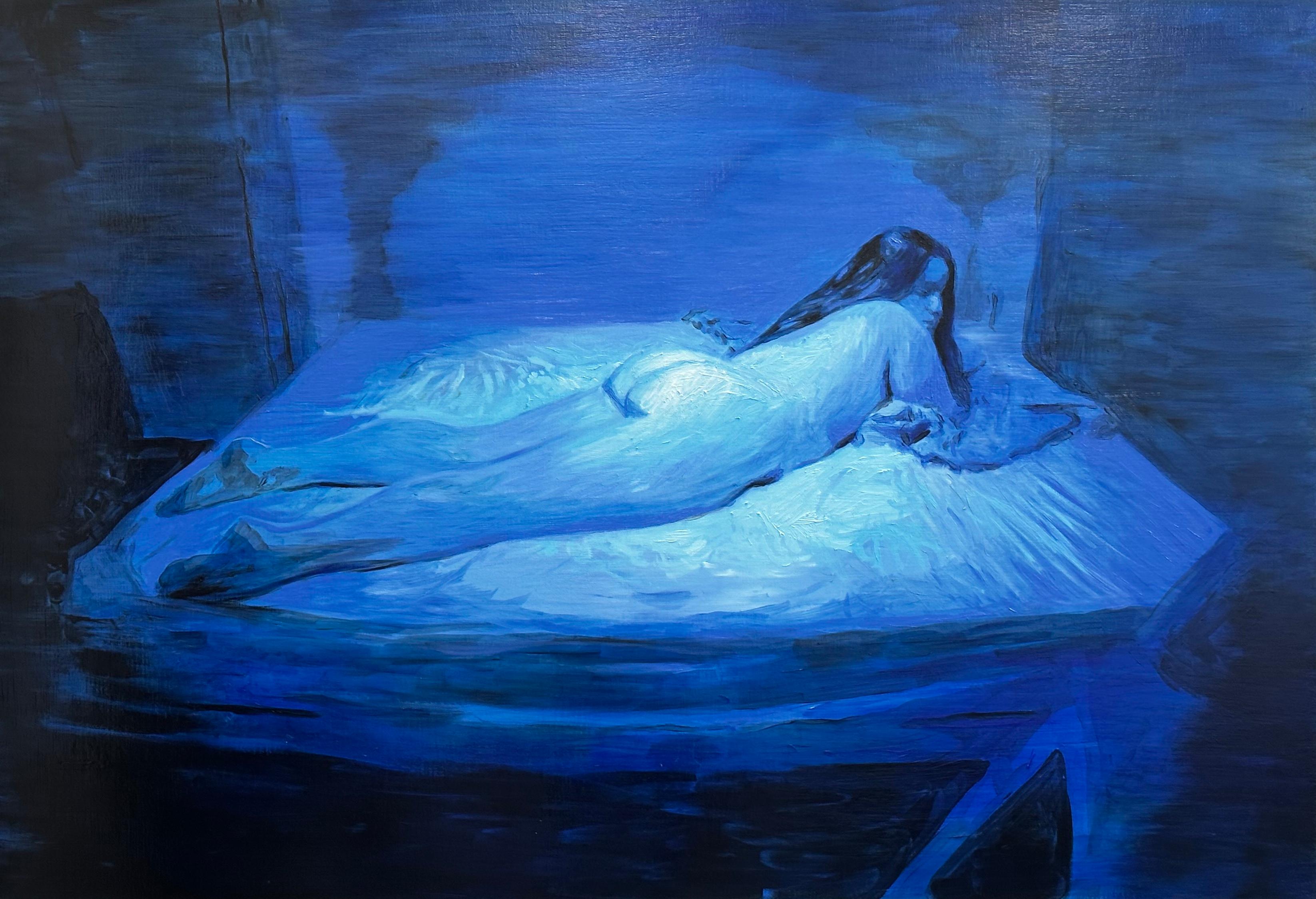 Nicolás Guzmán Nude Painting – Ohne Titel - Frau, Aktporträt, figuratives Ölgemälde, blau und schwarz