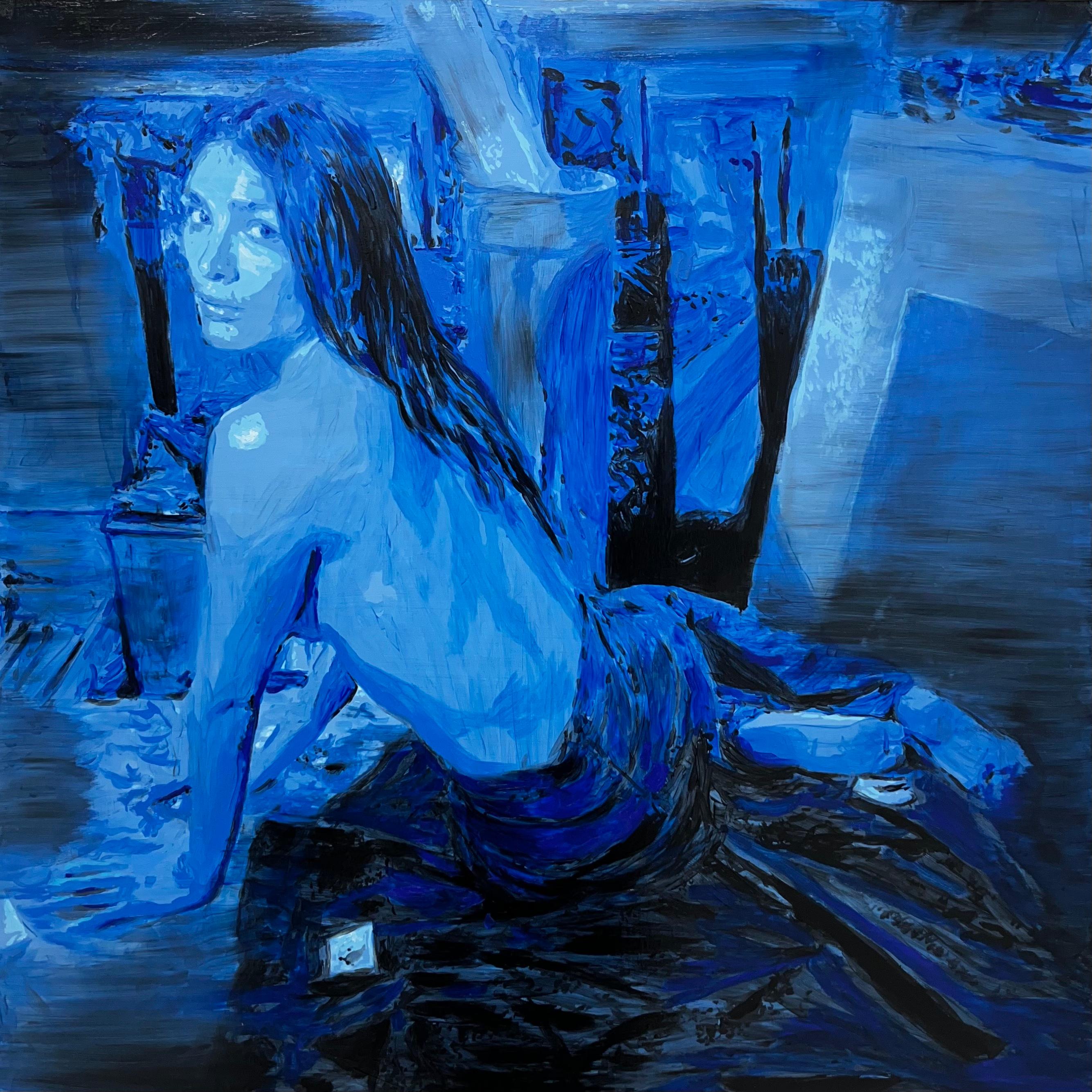 Figurative Painting Nicolás Guzmán - Sans titre - Femme, portrait nu, peinture à l'huile figurative, bleu et noir