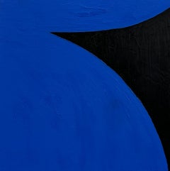 Untitled - abstract oil painting, lines, blue & black