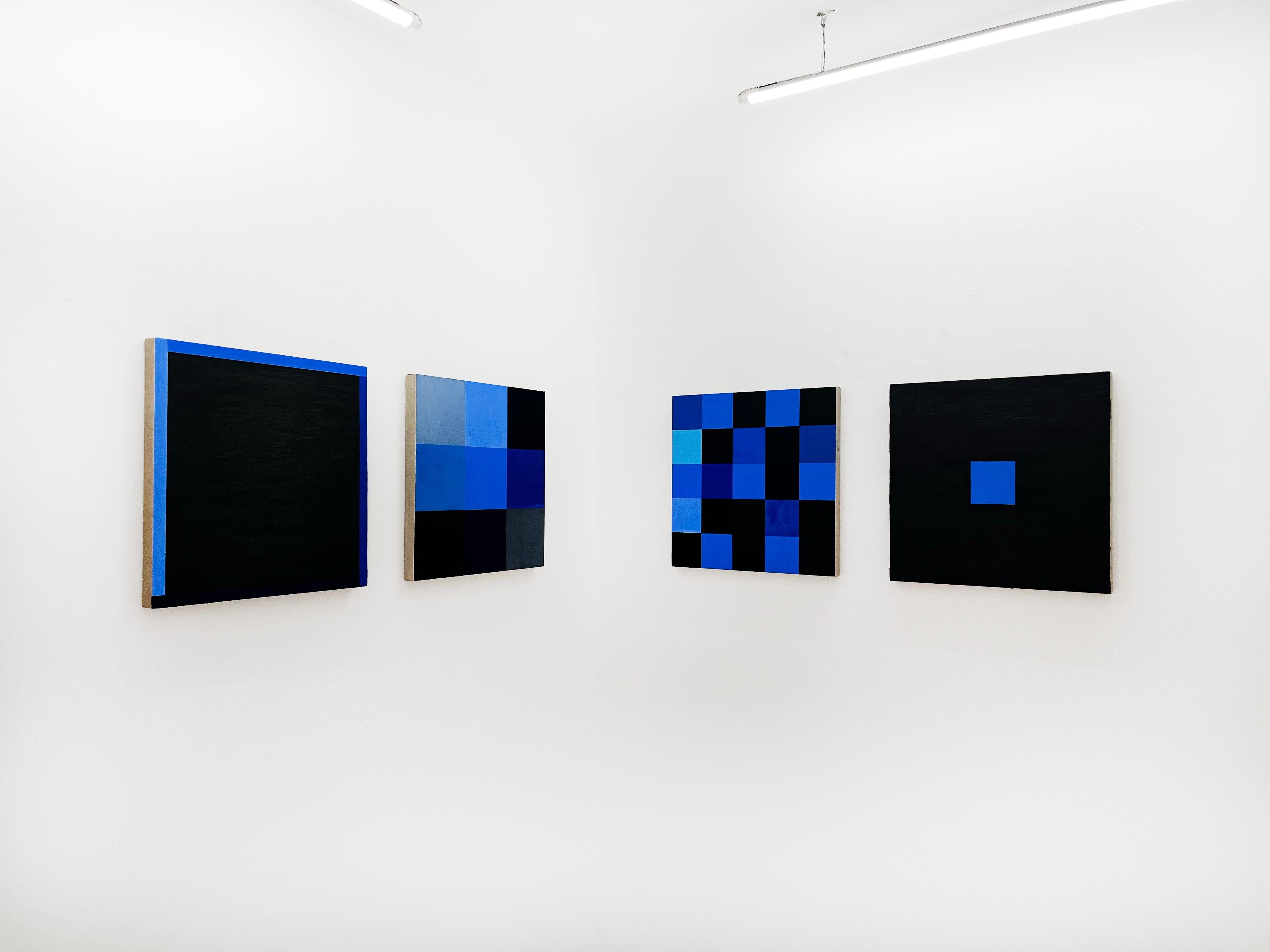 Sans titre - abstrait, peinture à l'huile, carrés, bleu et noir en vente 2
