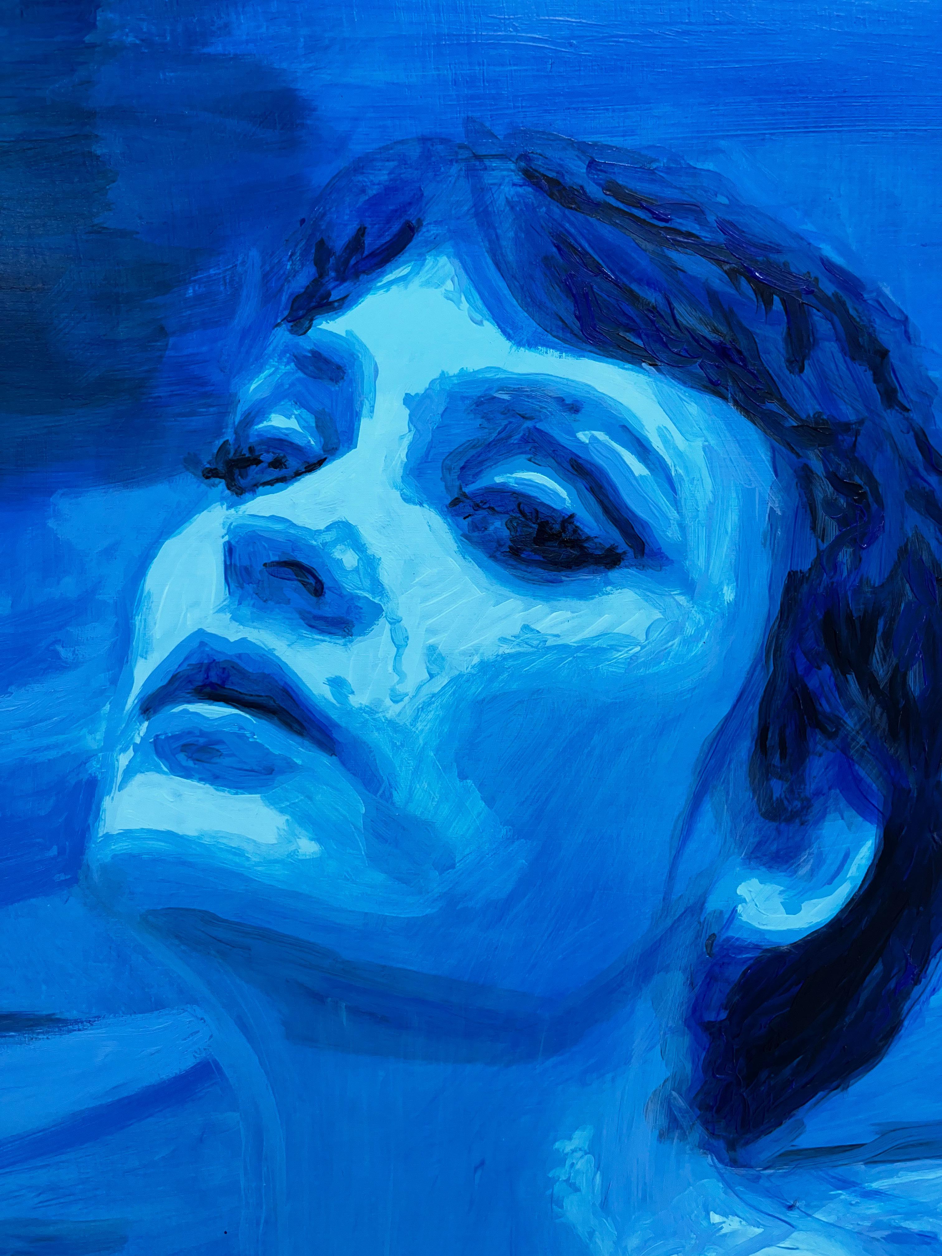Ohne Titel - Frau, Aktporträt, figuratives Ölgemälde, blau und schwarz – Painting von Nicolás Guzmán