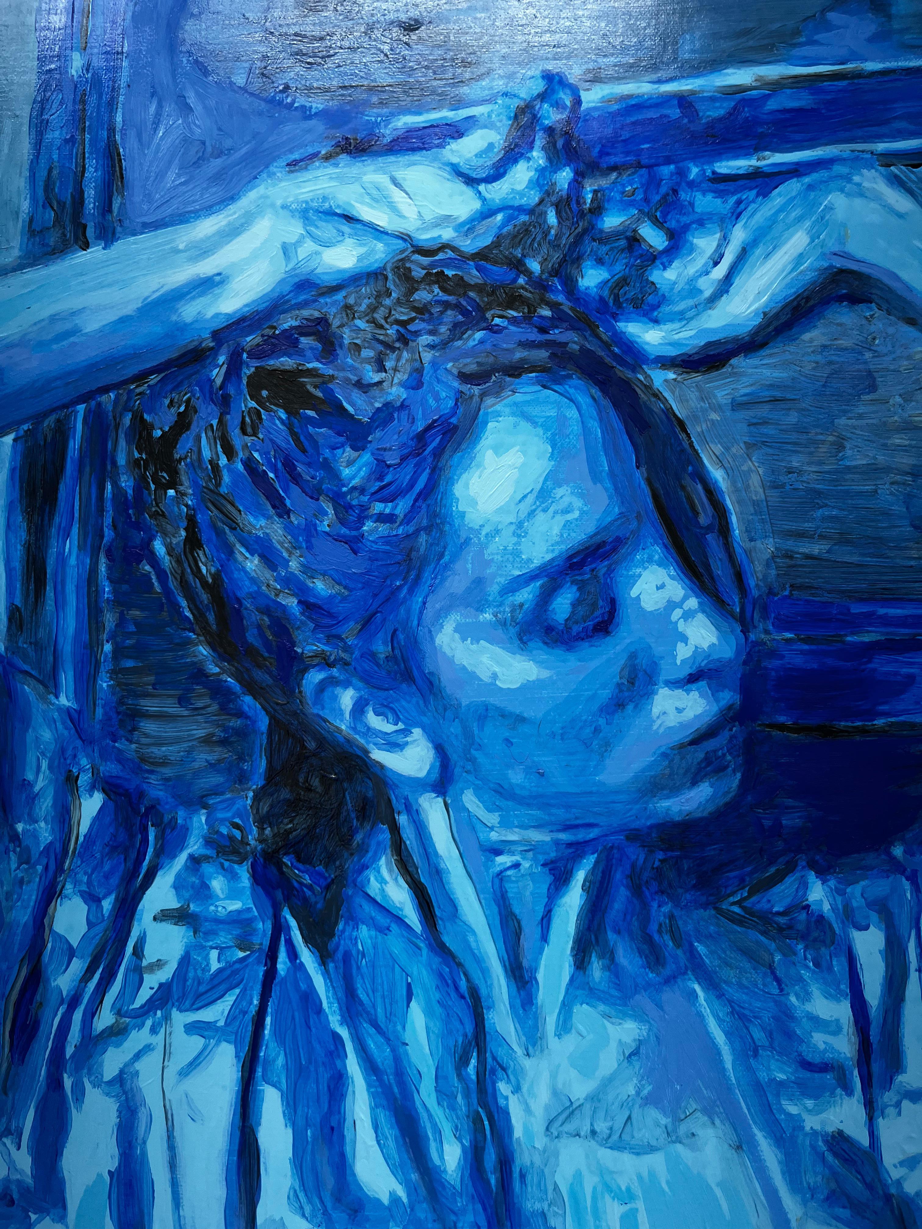 Sans titre - Femme, portrait nu, peinture à l'huile figurative, bleu et noir - Painting de Nicolás Guzmán